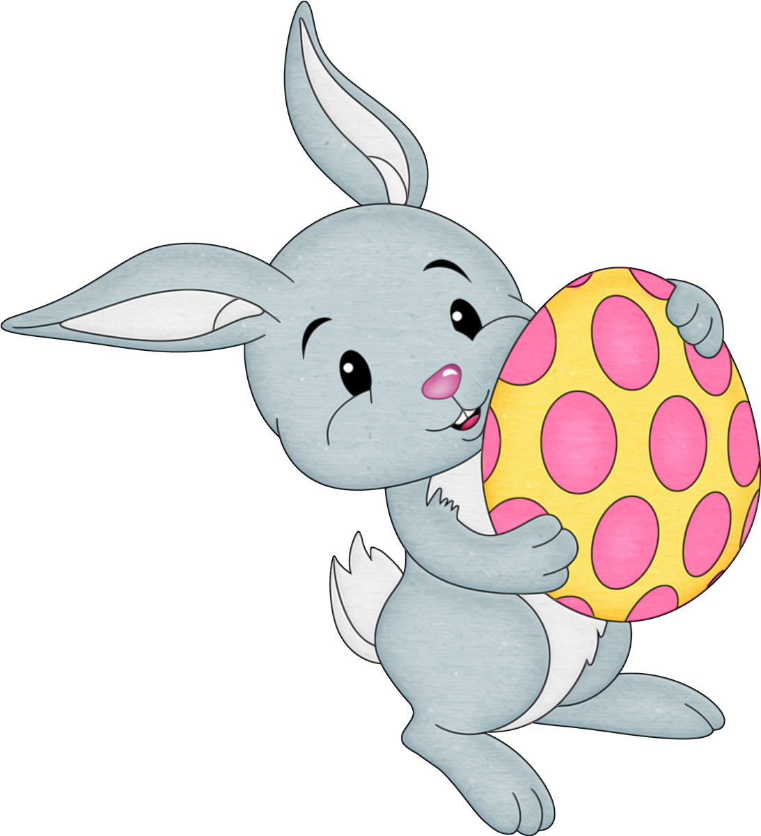 bunnies 桌布 壁紙 — 一隻開心的卡通兔子在黑色背景上拿著一個有粉紅色波點的黃色蛋。