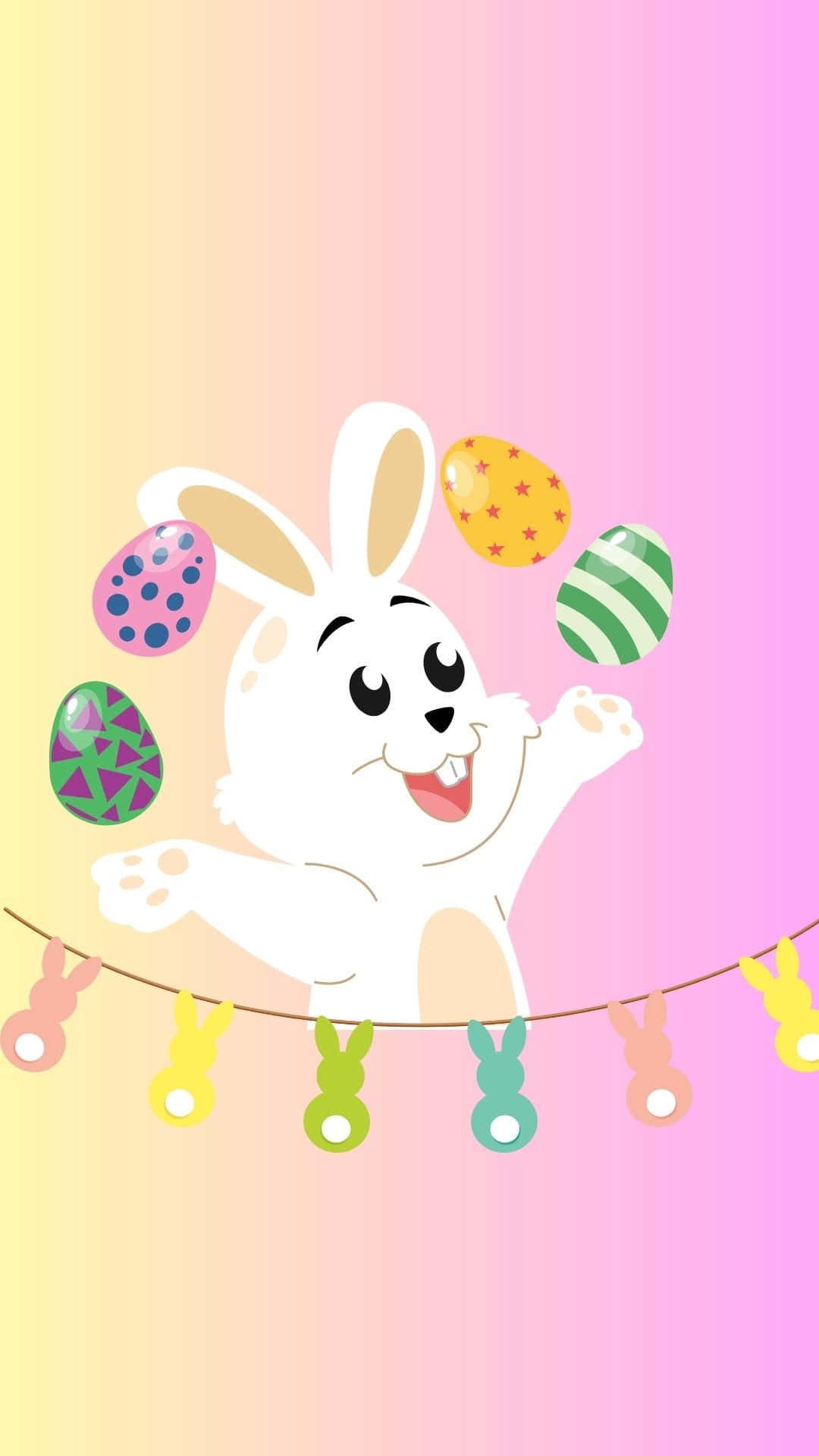 Easter Bunny 桌布 壁紙 — 一隻開心的卡通兔子愉快地向柔和粉彩漸變背景拋擲色彩繽紛的圖案復活蛋。