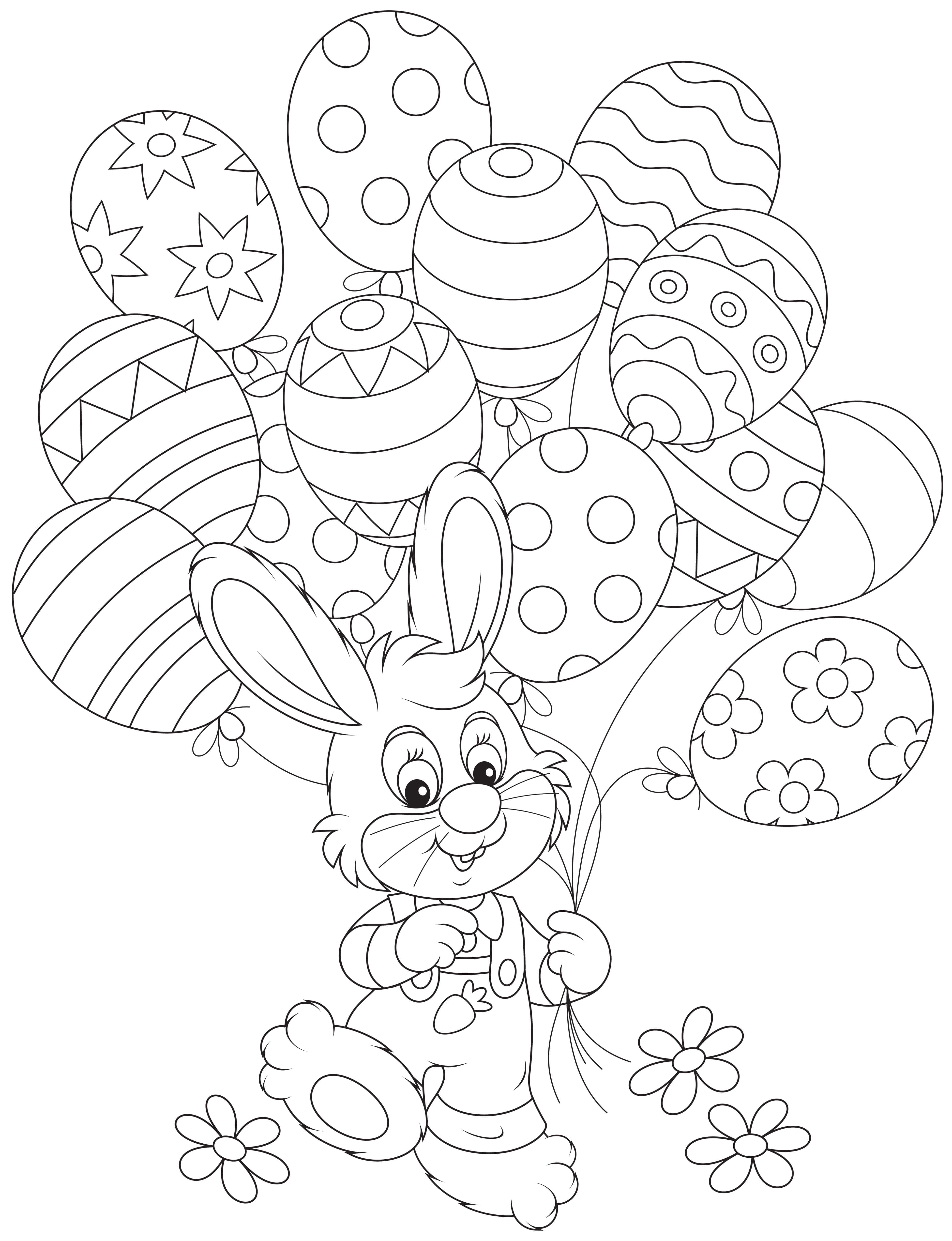 Easter Bunny 桌布 壁紙 — 一隻開心的卡通兔拿著一束圖案精緻的復活節彩蛋和小花。