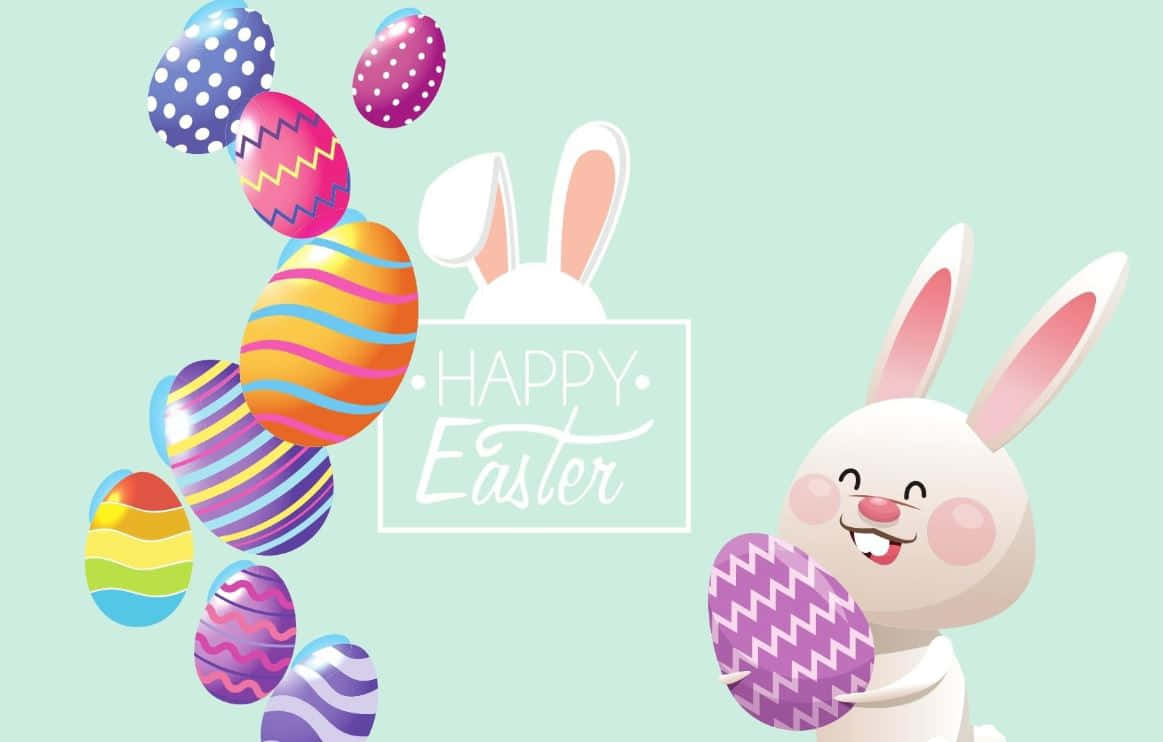 Cute Easter 桌布 壁紙 — 一隻開心的卡通兔拿著鋸齒圖案的復活蛋，色彩繽紛的裝飾蛋在薄荷綠背景中漂浮。