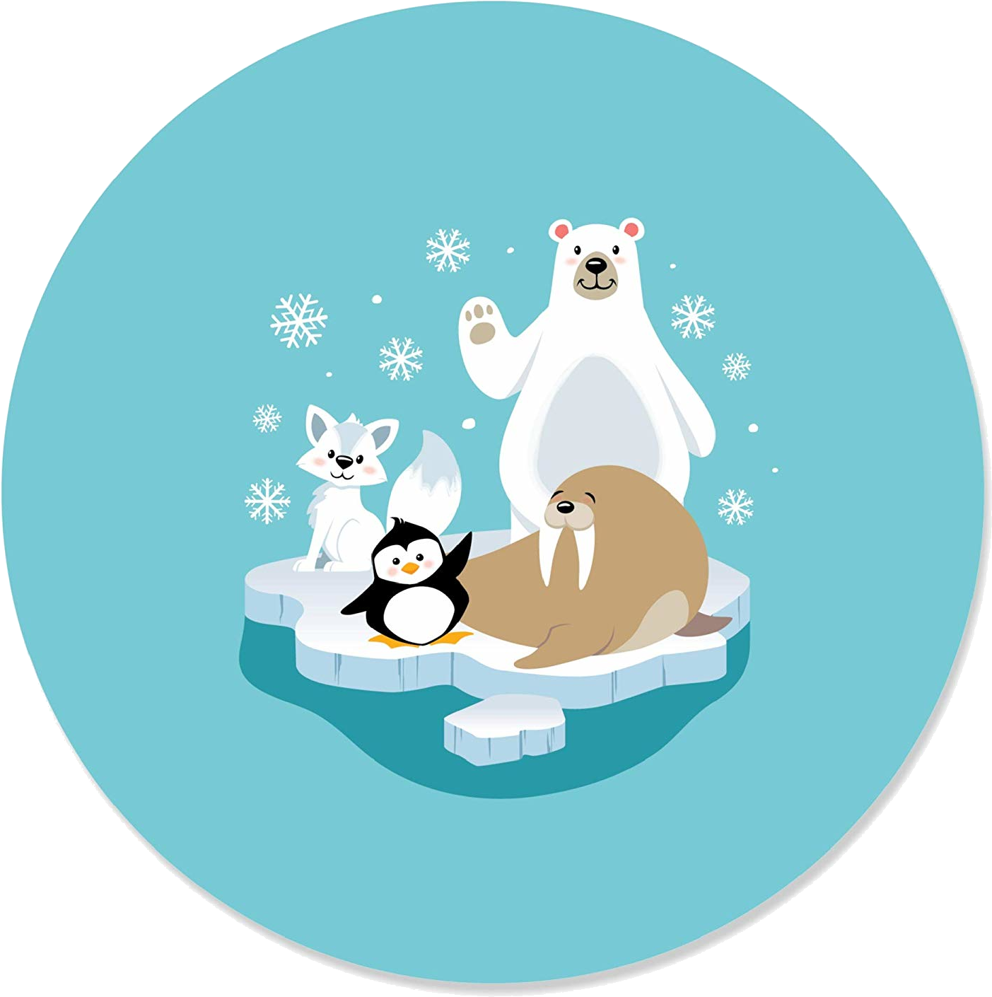 Clip Art 桌布 壁紙 — 一隻開心的卡通北極熊在雪白的冰塊上，在海象、企鵝和北極狐旁邊揮手，周圍還有飄落的雪花。
