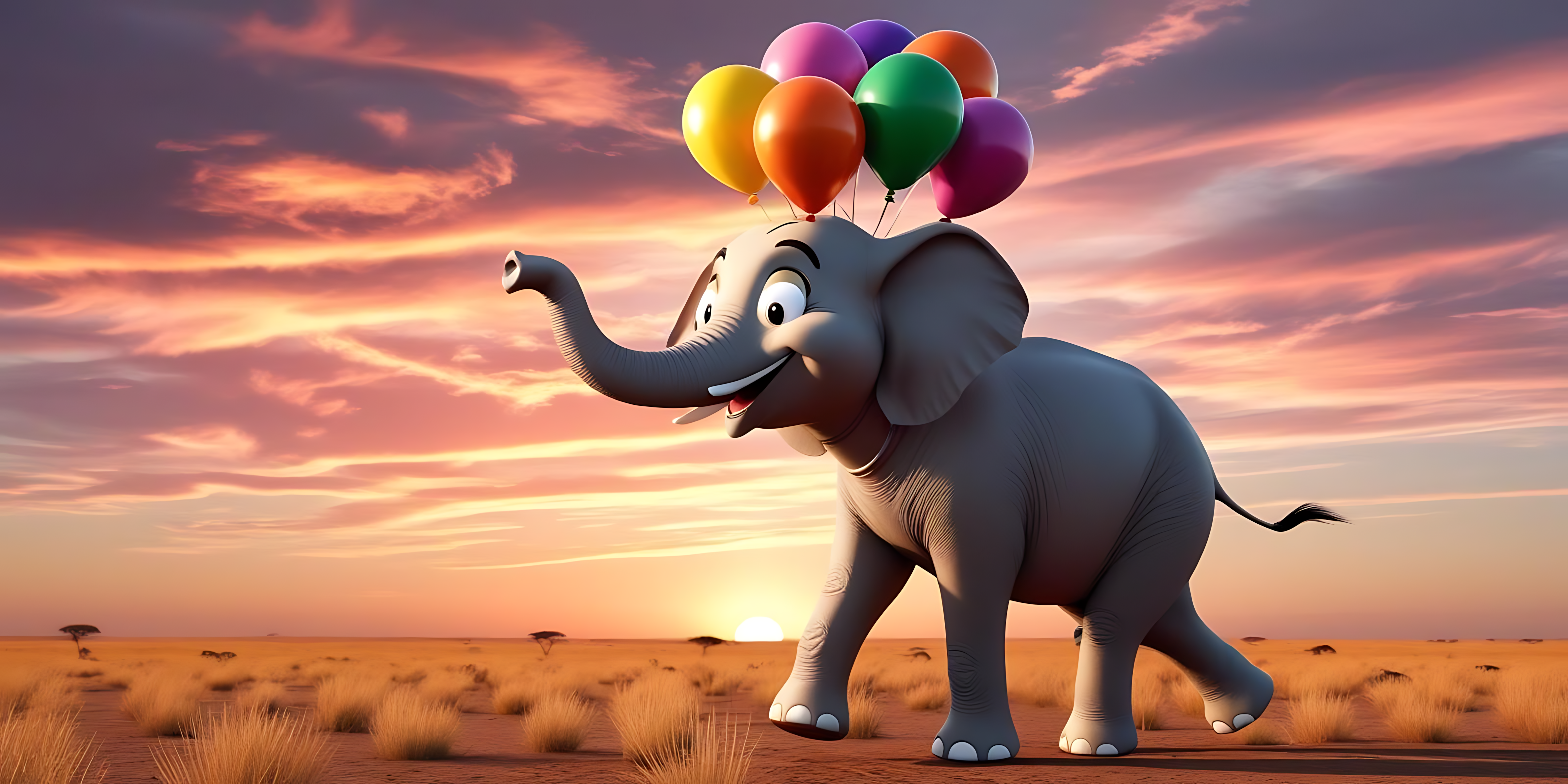Balloons 桌布 壁紙 — 一隻開心的卡通大象在日落時分穿越沙漠，手持一束彩色氣球。