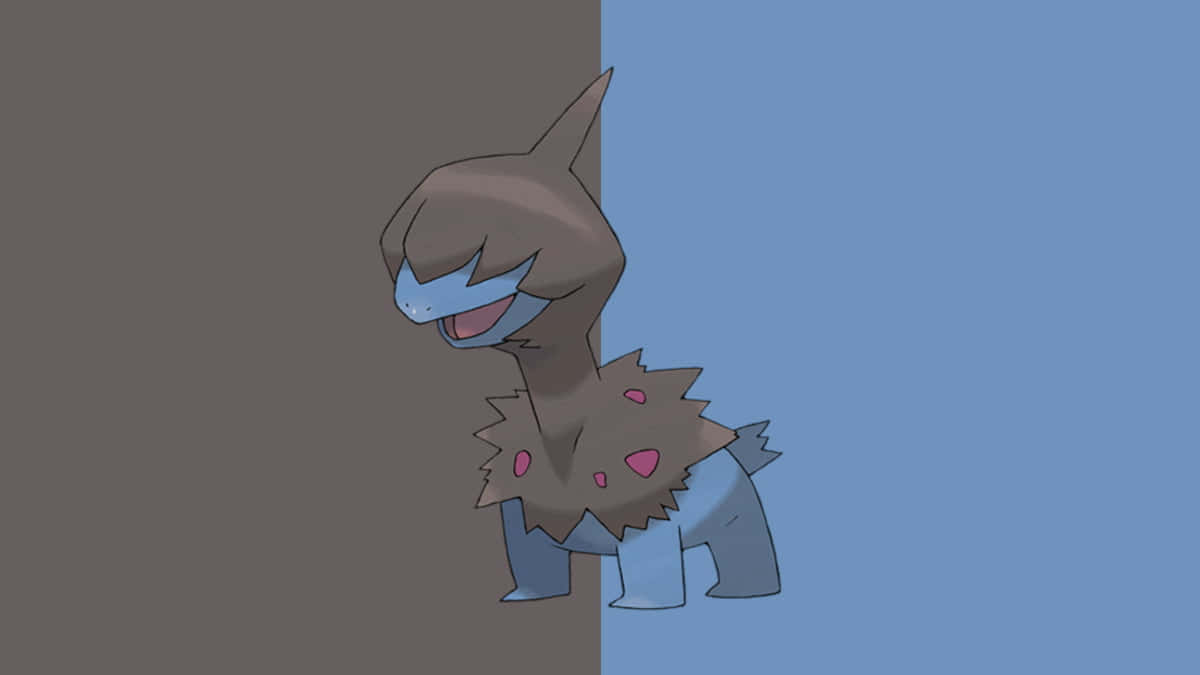 Pokemon Landscape 桌布 壁紙 — 一隻開心的卡通寶可夢從角落探出頭來，背景分為灰色和藍色。