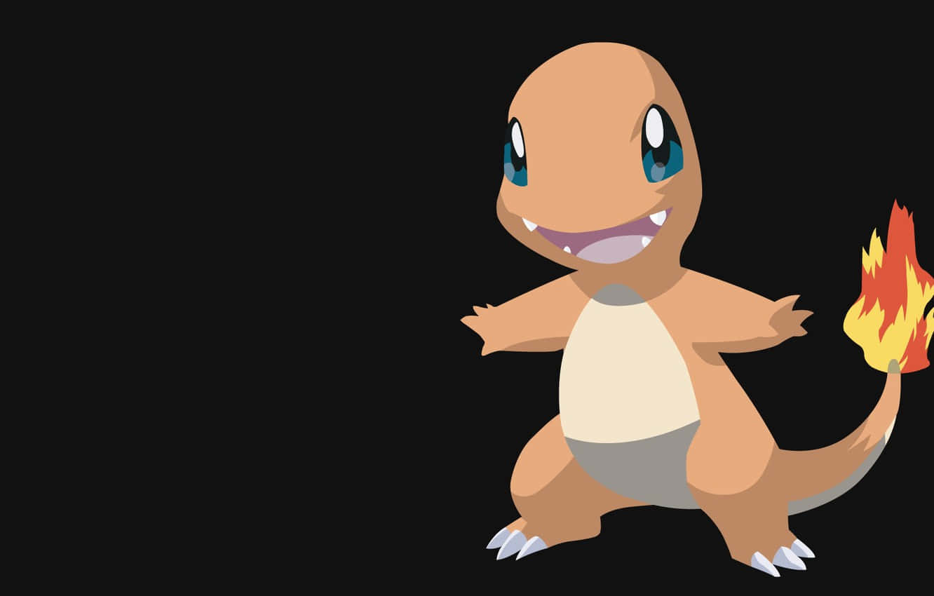 Cute Charmander 桌布 壁紙 — 一隻開心的卡通小火龍，帶著火焰尾巴，站在純黑色背景前面。