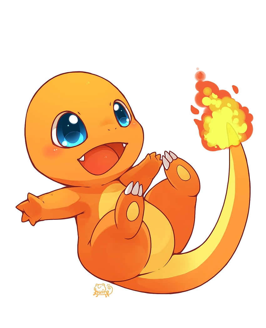 Cute Charmander 桌布 壁紙 — 一隻開心的卡通小火龍，有大藍眼睛和火焰尾巴，在純白背景上快樂地坐著。