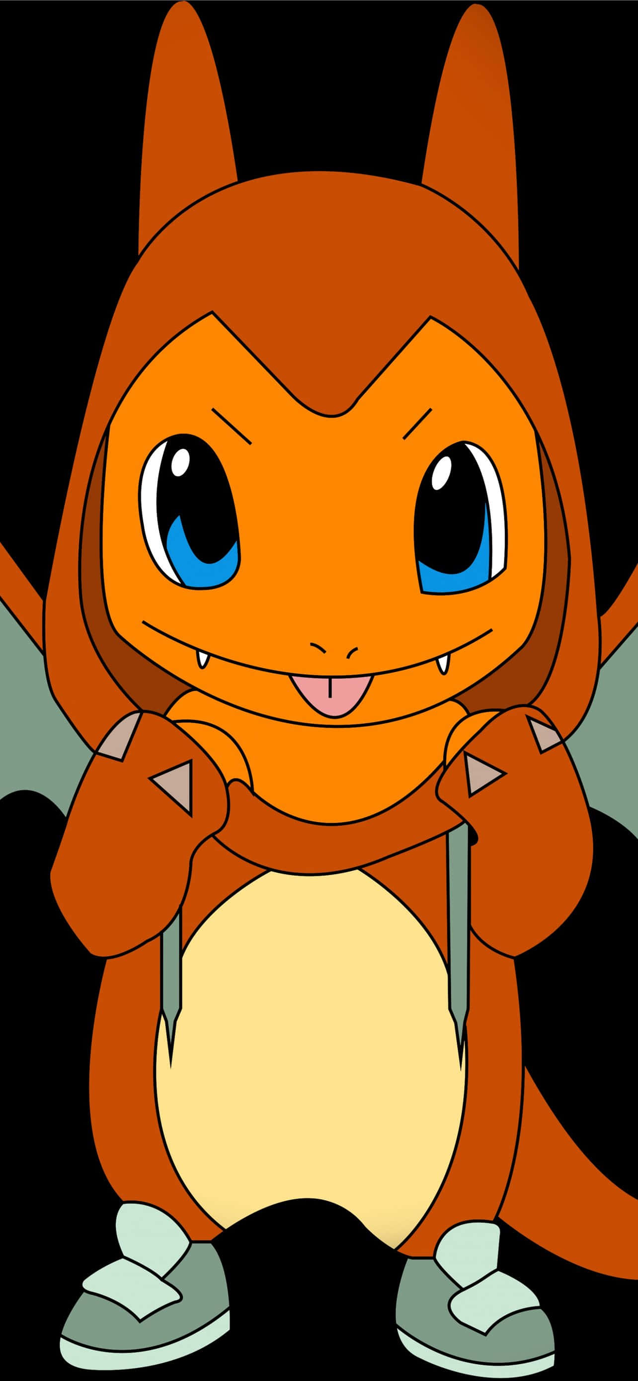 Cute Charmander 桌布 壁紙 — 一隻開心的卡通小火龍，有藍色眼睛和小小的尖牙，站在黑色背景前，穿著淺灰色的鞋子。