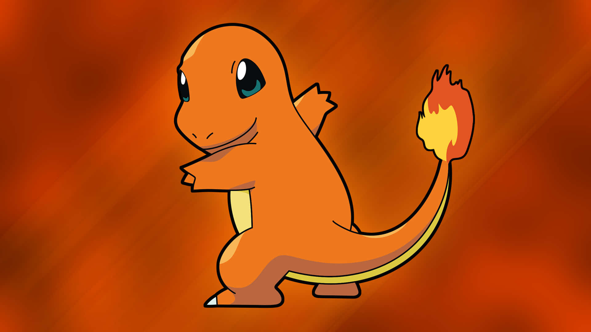 Cute Charmander 桌布 壁紙 — 一隻開心的卡通小火龍站在溫暖的橙色漸變背景前，尾巴有火焰。
