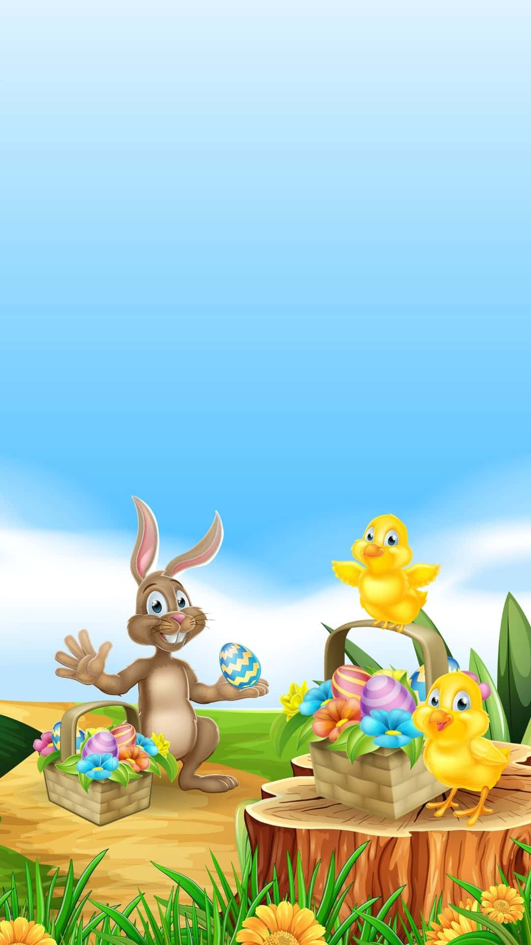 Easter Bunny 桌布 壁紙 — 一隻開心的卡通復活兔在裝滿彩色蛋的籃子旁邊揮手，兩隻黃色小鴨坐在另一個裝滿鮮花的籃子上。
