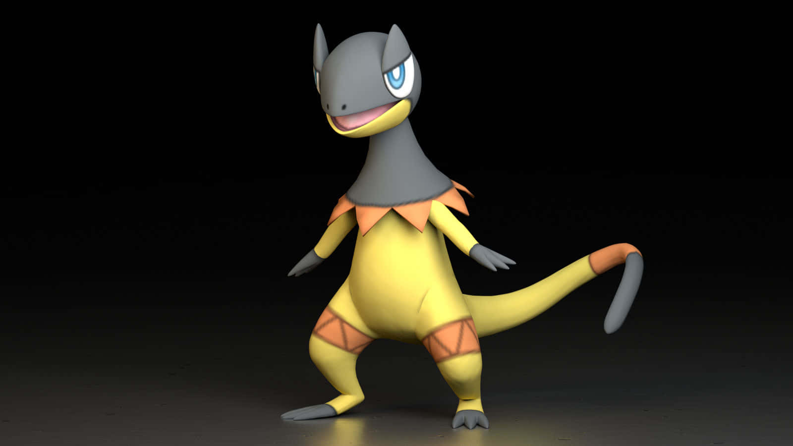 3D 桌布 壁紙 — 一隻開心的卡通恐龍Pokémon，黃色身體橙色點綴，藍色眼睛，站在深色背景前面。