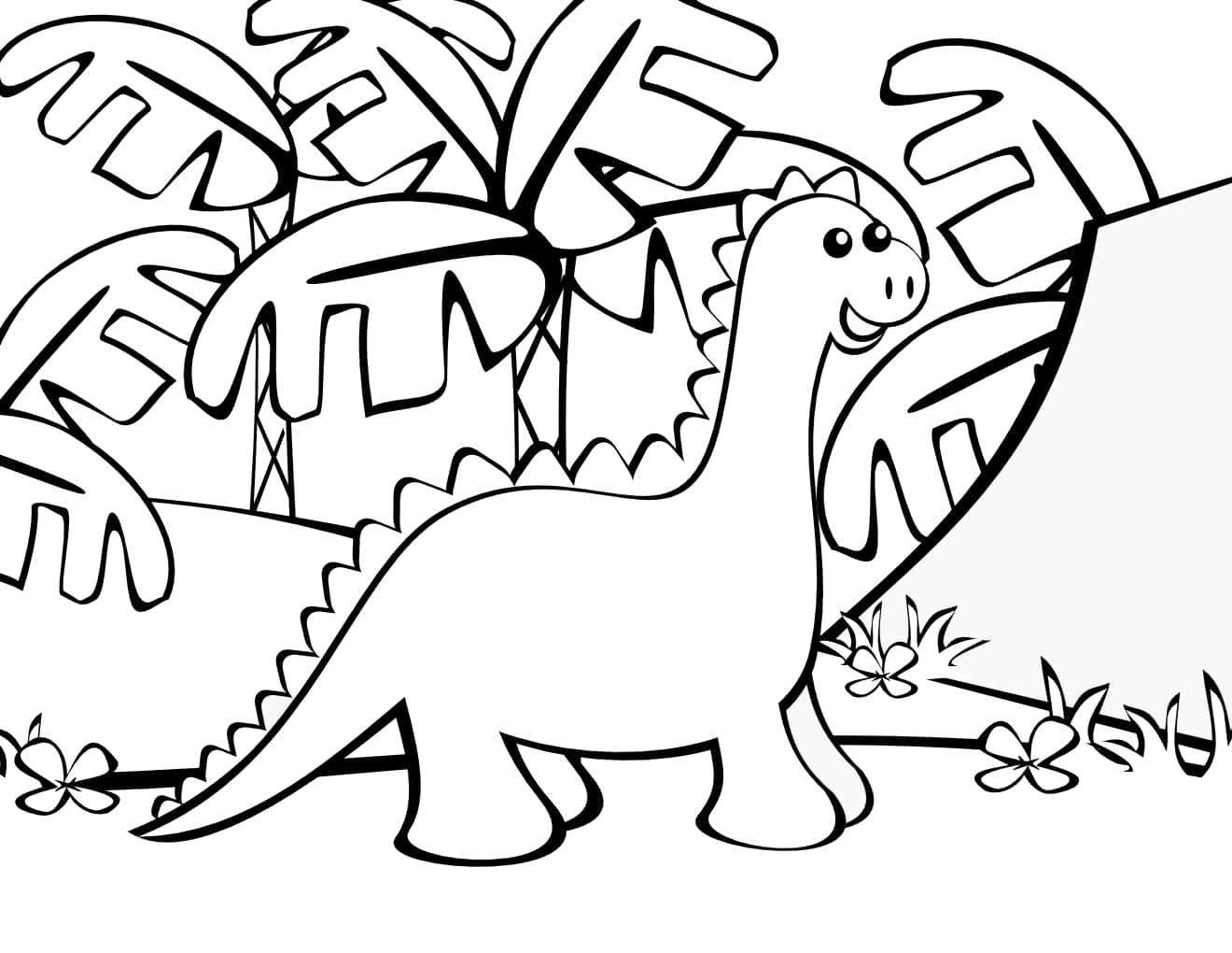 Dinosaur Coloring 桌布 壁紙 — 一隻開心的卡通恐龍站在熱帶樹葉和花朵之間，黑白線條畫。