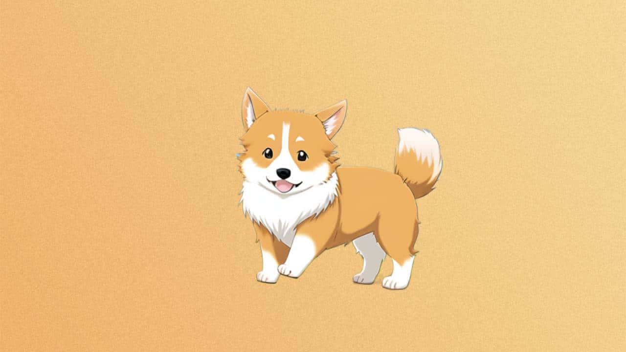 1280x720 桌布 壁紙 — 一隻開心的卡通柯基犬，有著蓬鬆的白色胸部和尾巴，快樂地站在溫暖的米色背景前。