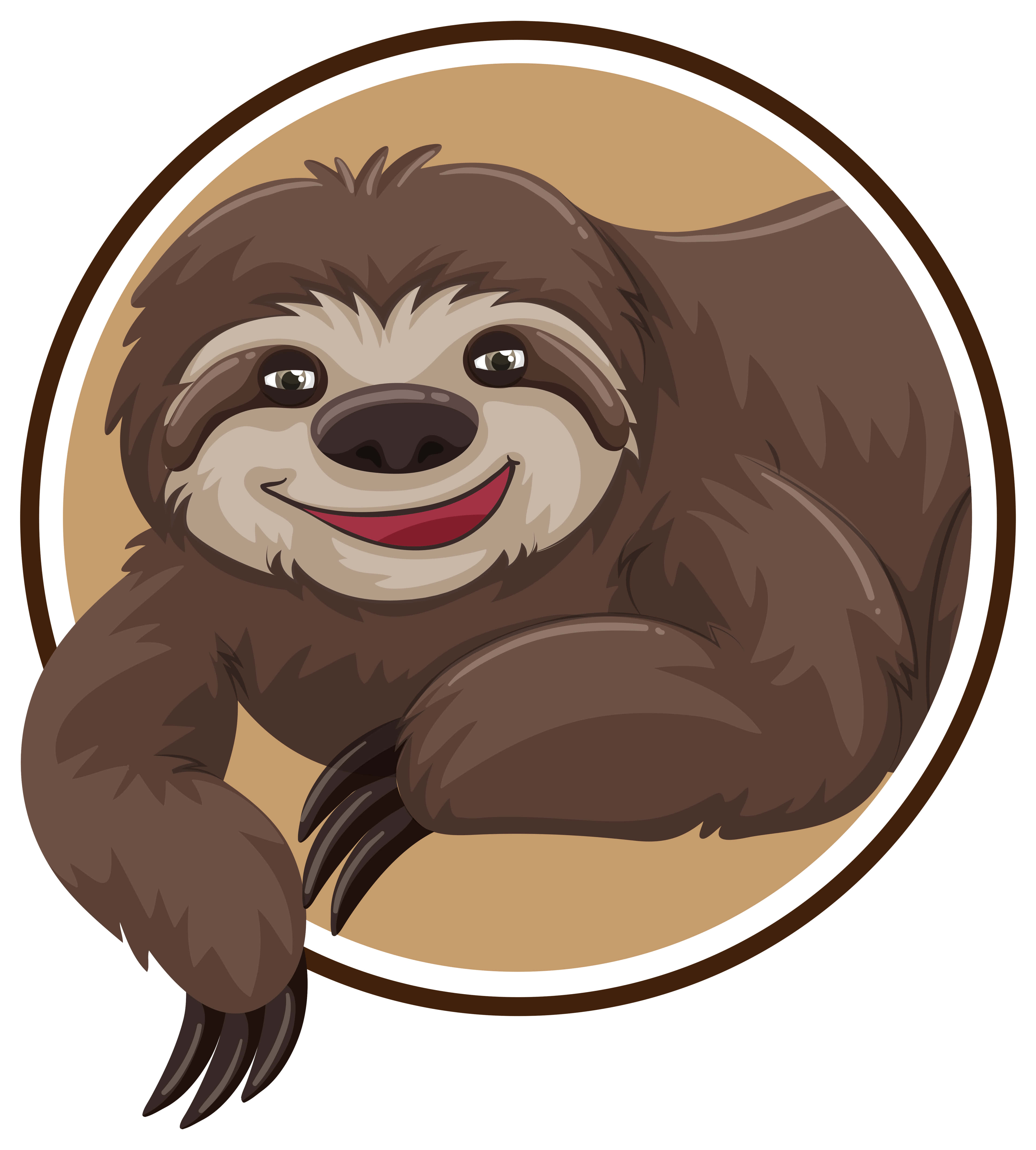 Kawaii Sloth 桌布 壁紙 — 一隻開心的卡通樹懶，露出燦爛笑容，毛茸茸的棕色毛髮，在圓形框架內放鬆。