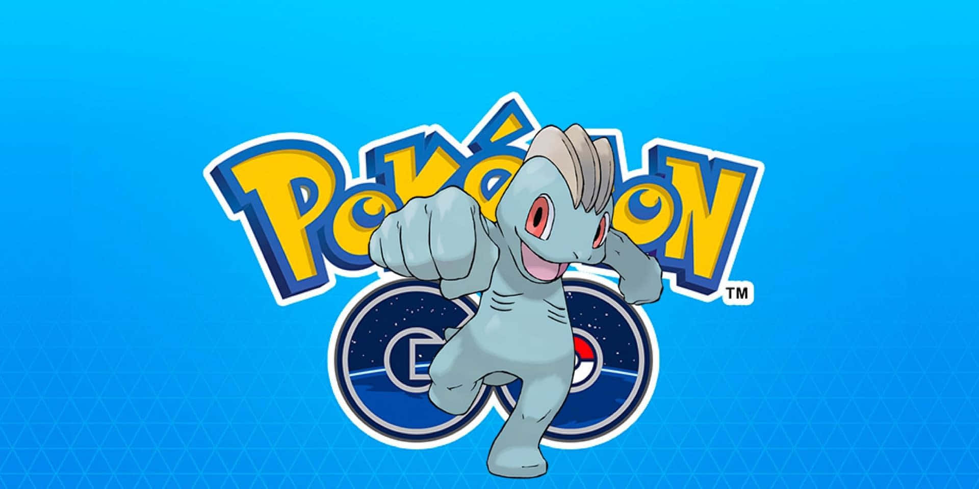 任天堂 桌布 壁紙 — 一隻開心的卡通水躍魚自豪地站在Pokemon GO標誌前，背景是充滿活力的藍色漸變。