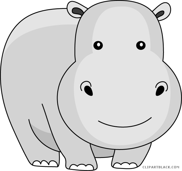 hippo 桌布 壁紙 — 一隻開心的卡通河馬，帶著燦爛的笑容和簡單的灰色陰影，站在純黑色背景前。
