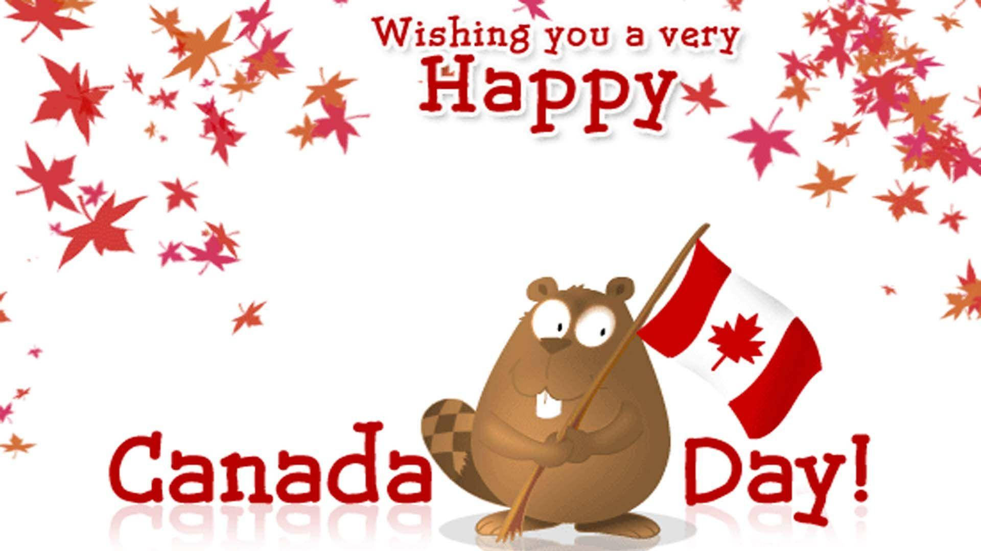 Canada Day 桌布 壁紙 — 一隻開心的卡通海狸手持加拿大國旗，周圍有飄落的紅色楓葉和慶祝文字。