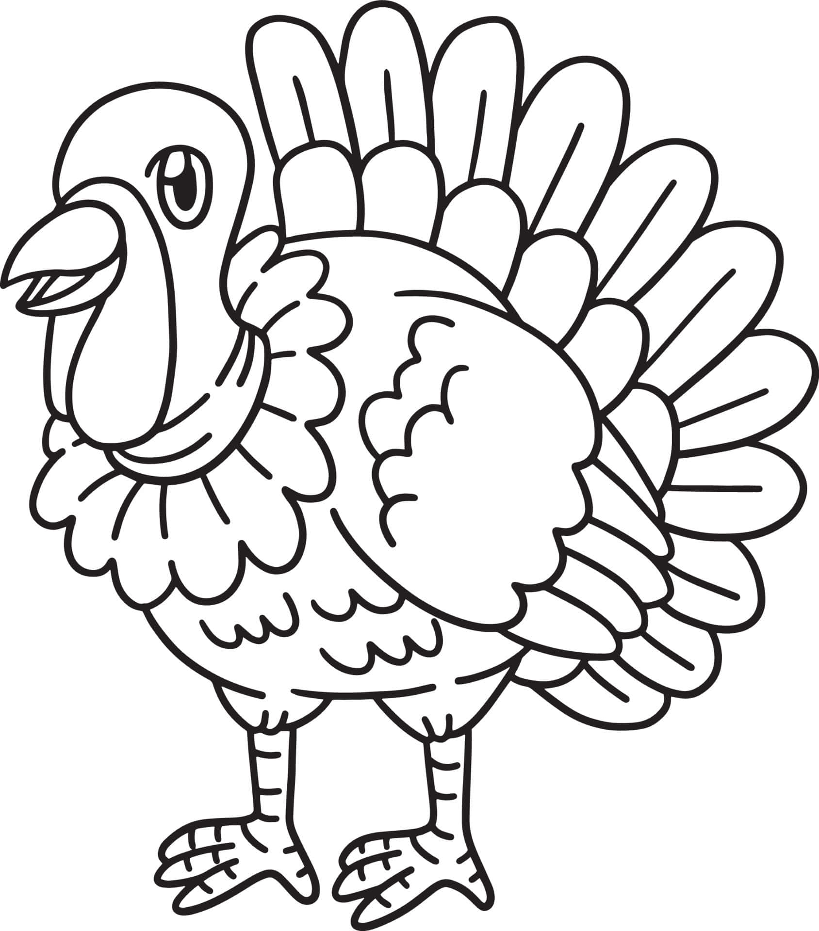 Turkey Coloring 桌布 壁紙 — 一隻開心的卡通火雞，尾巴展開如扇，有肉垂，準備好上色。