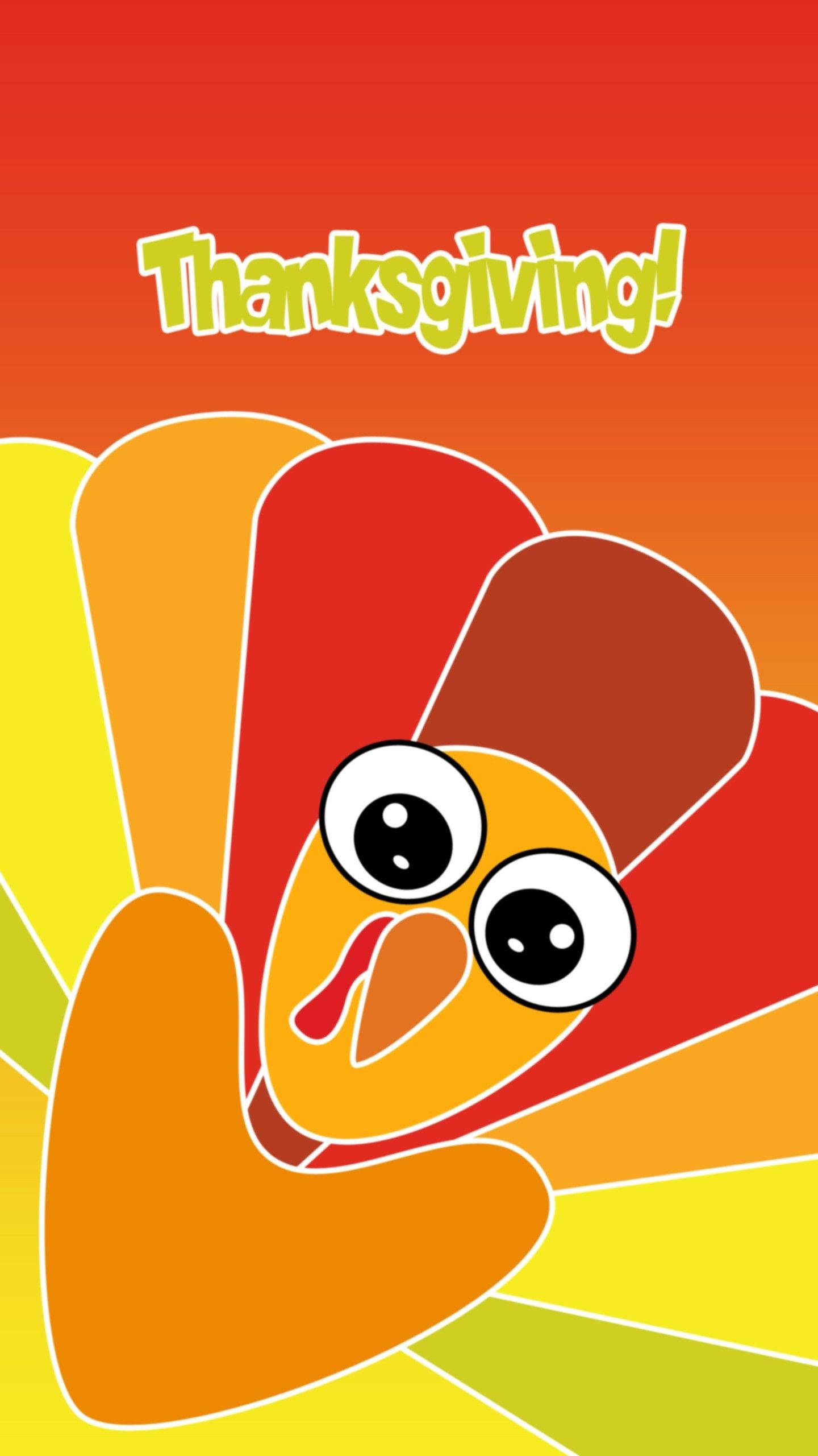 Cute Turkey 桌布 壁紙 — 一隻開心的卡通火雞，有大眼睛和色彩繽紛的羽毛，在溫暖漸變背景上微笑，上面有 'Thanksgiving!' 文字。
