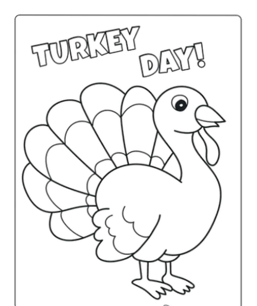 Turkey Coloring 桌布 壁紙 — 一隻開心的卡通火雞展開尾巴，站在黑白著色頁上，上方有粗體 'TURKEY DAY!' 文字。