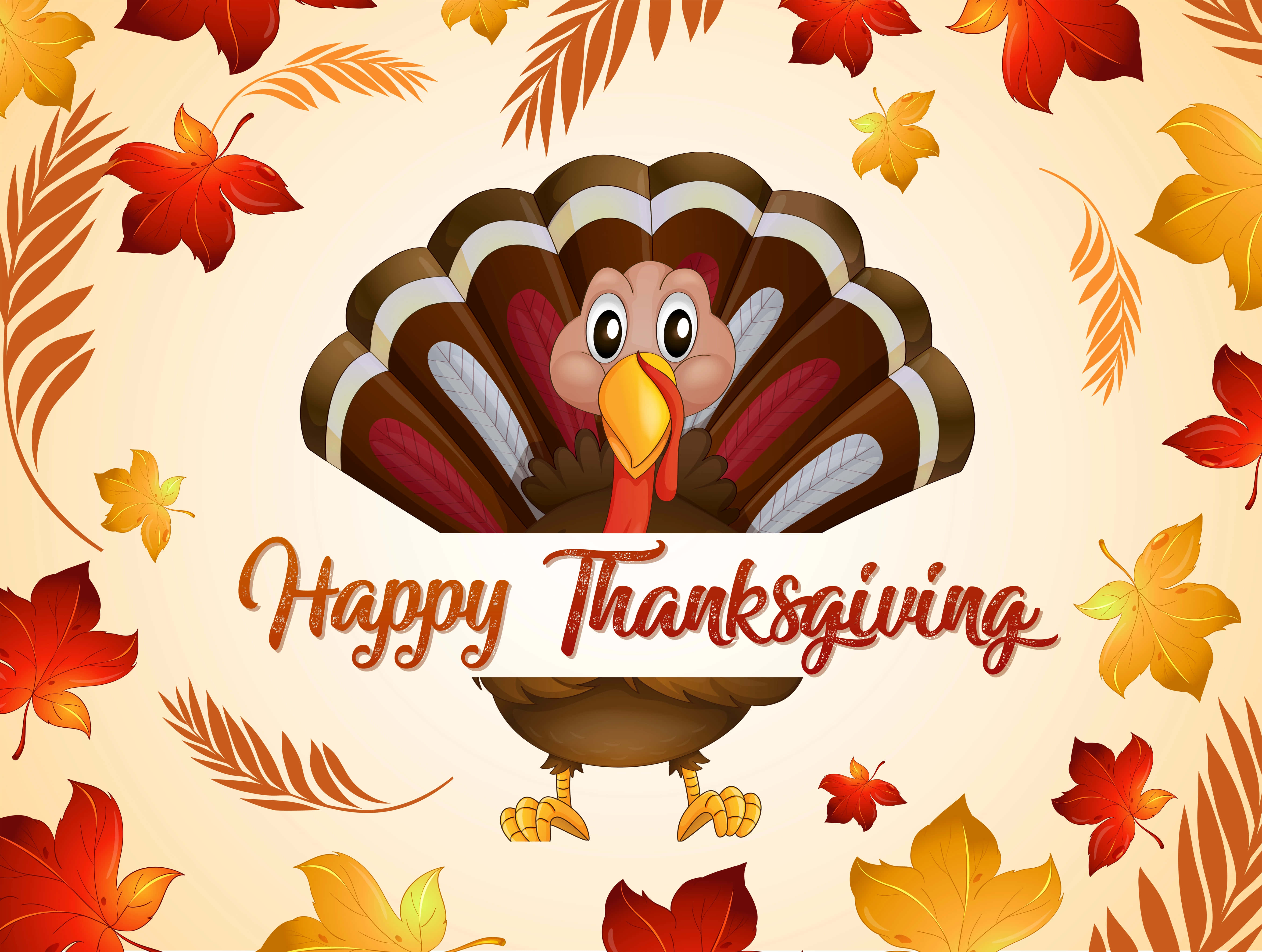 Happy Thanksgiving 桌布 壁紙 — 一隻開心的卡通火雞展開扇形尾羽，站在秋葉中，並帶有 'Happy Thanksgiving' 文字。