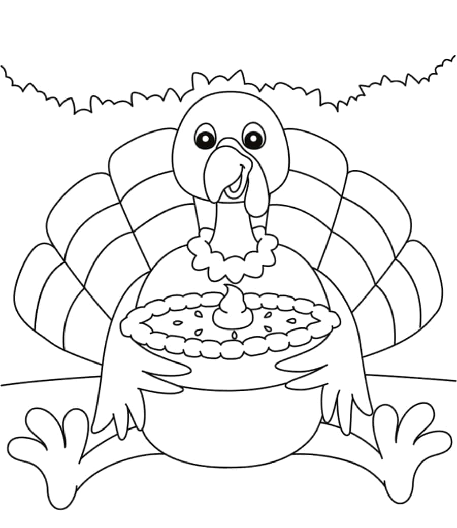 Turkey Coloring 桌布 壁紙 — 一隻開心的卡通火雞拿著一個笑臉餡餅，脖子上掛著節日花環。