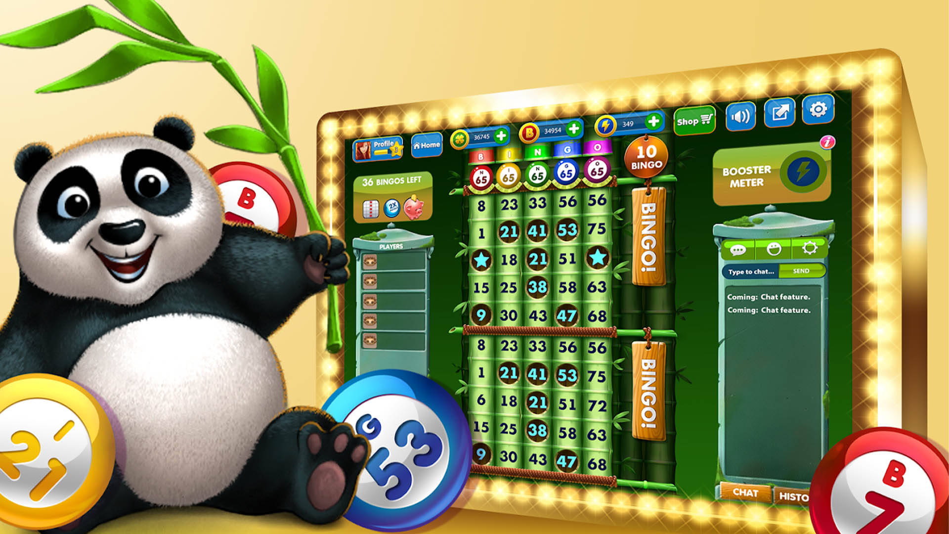 Bingo 桌布 壁紙 — 一隻開心的卡通熊貓拿著竹子，旁邊是一個發光的數位賓果遊戲介面，帶有色彩繽紛的球和竹子主題設計。