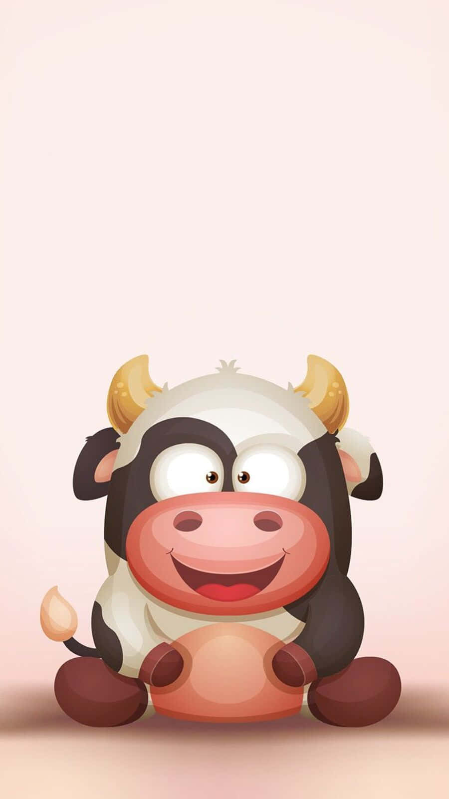 Kawaii Cute Cow 桌布 壁紙 — 一隻開心的卡通牛，有大眼睛和寬闊的笑容，快樂地坐在柔和的粉紅色背景前。
