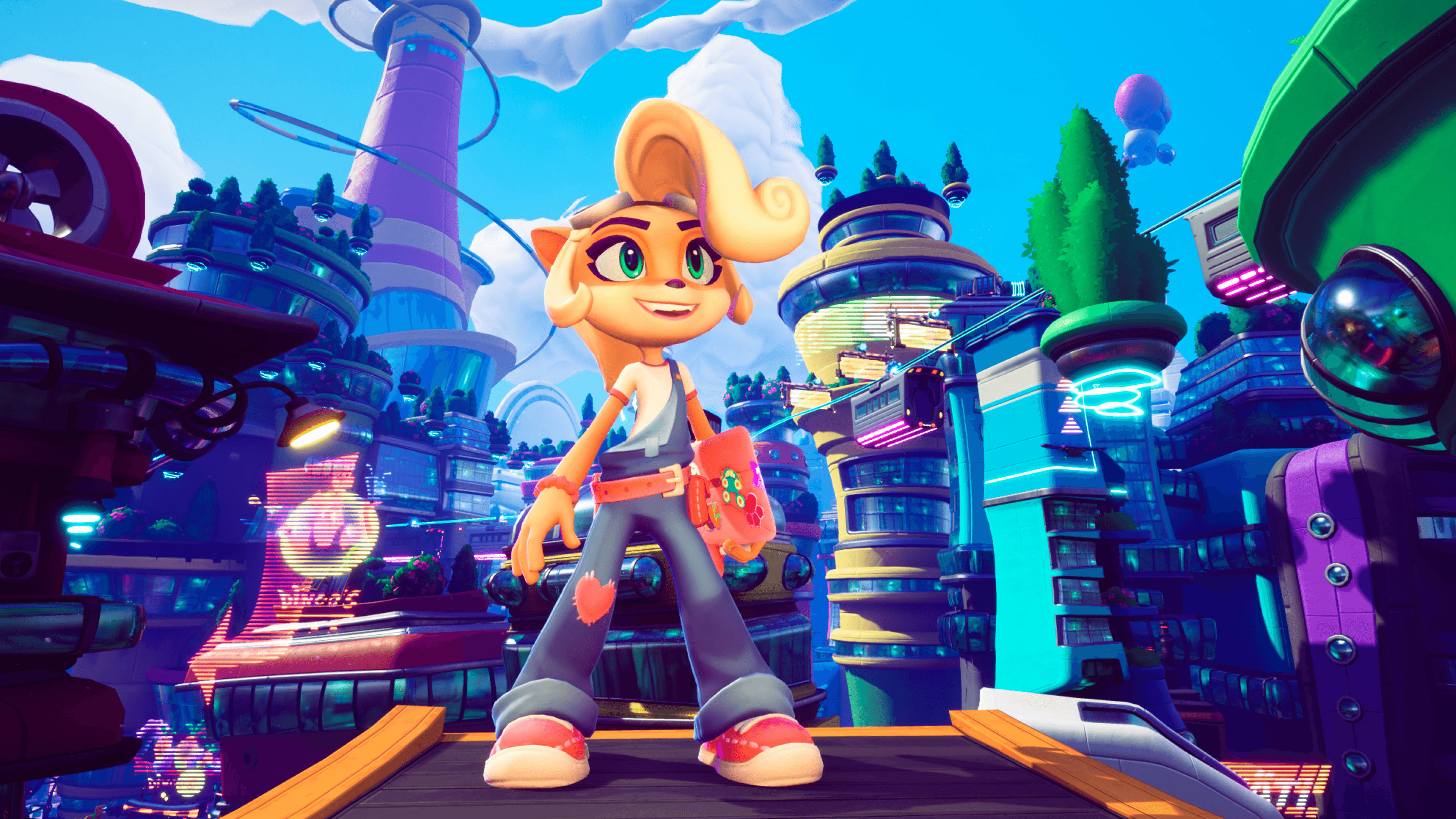 Bandicoot 桌布 壁紙 — 一隻開心的卡通狐狸自信地站在充滿活力的霓虹燈未來城市景觀中，有浮動平台和發光的塔樓。