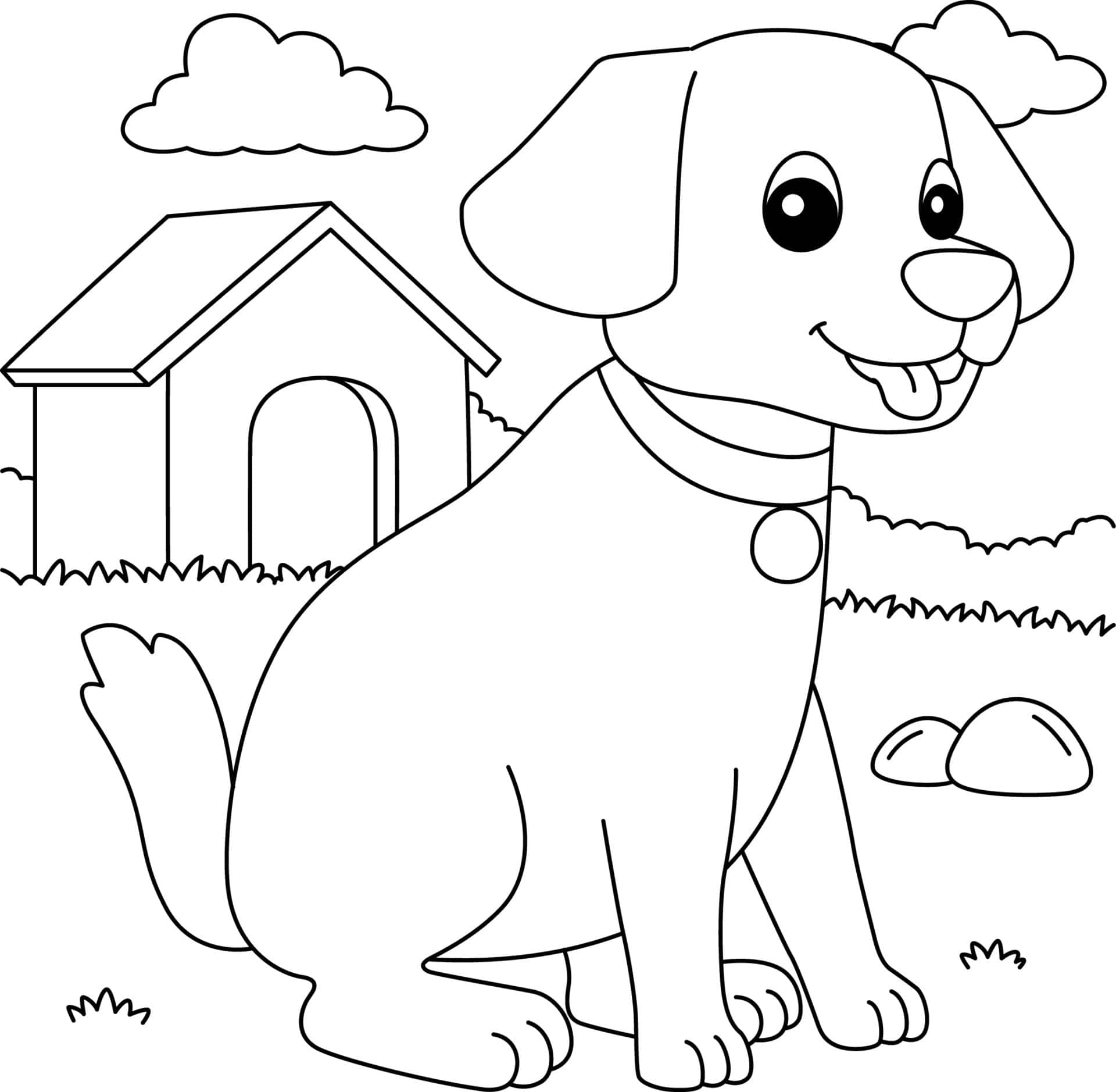 Dog Coloring 桌布 壁紙 — 一隻開心的卡通狗快樂地坐在狗屋旁邊，上面有雲，下面有草。
