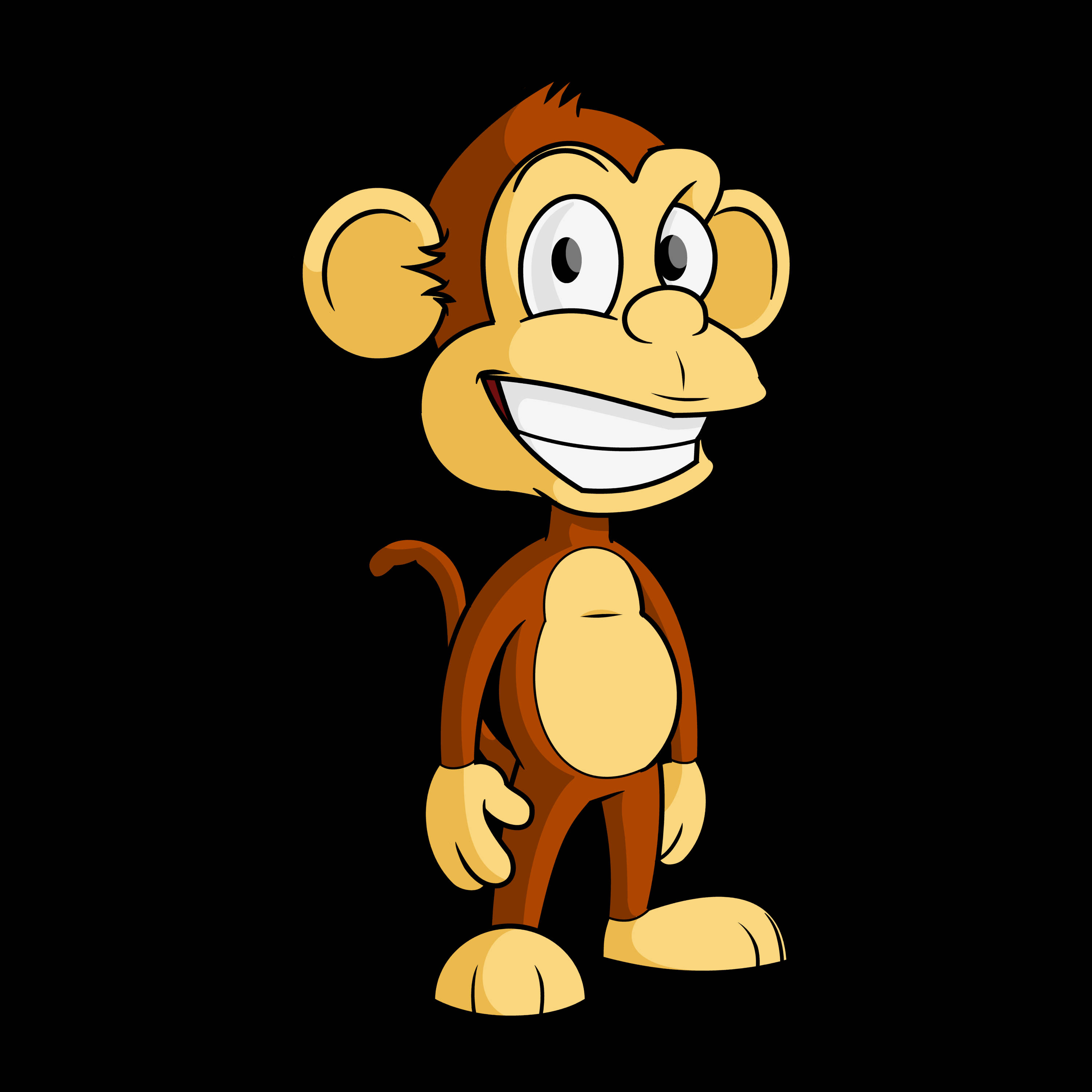 Cute Monkey 桌布 壁紙 — 一隻開心的卡通猴子，咧嘴大笑，眼睛大大，站在純黑色背景前。