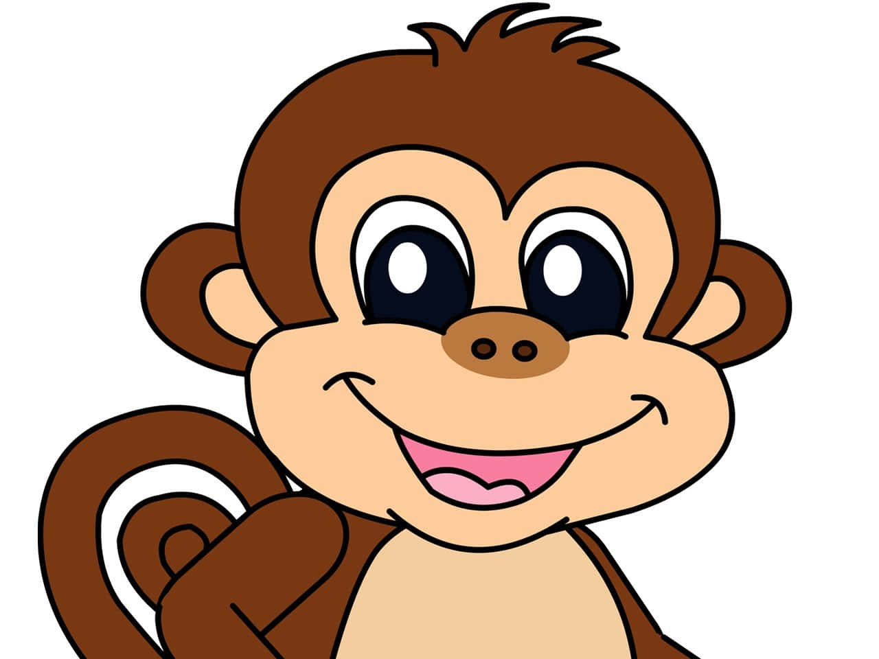 Monkey 桌布 壁紙 — 一隻開心的卡通猴子，有大眼睛和燦爛的笑容，背景是純白色。
