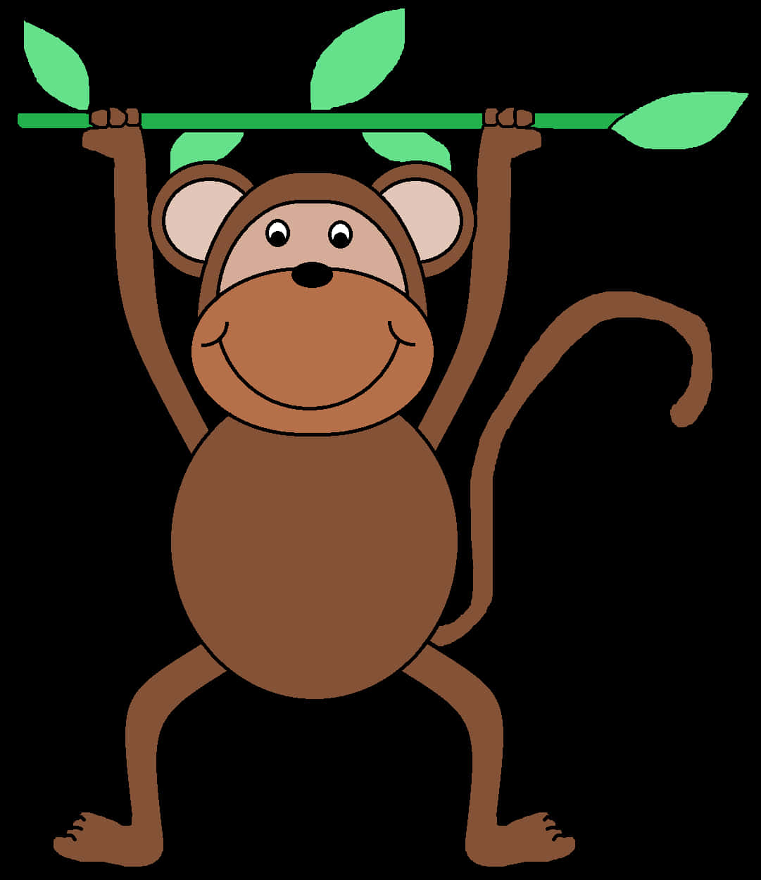 Clip Art 桌布 壁紙 — 一隻開心的卡通猴子掛在帶葉子的綠色藤蔓上，背景為黑色。