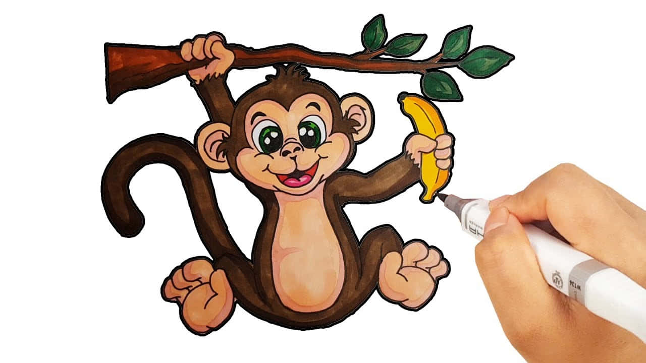 Monkey 桌布 壁紙 — 一隻開心的卡通猴子掛在樹枝上拿著香蕉，同時一隻手用麥克筆畫著它。