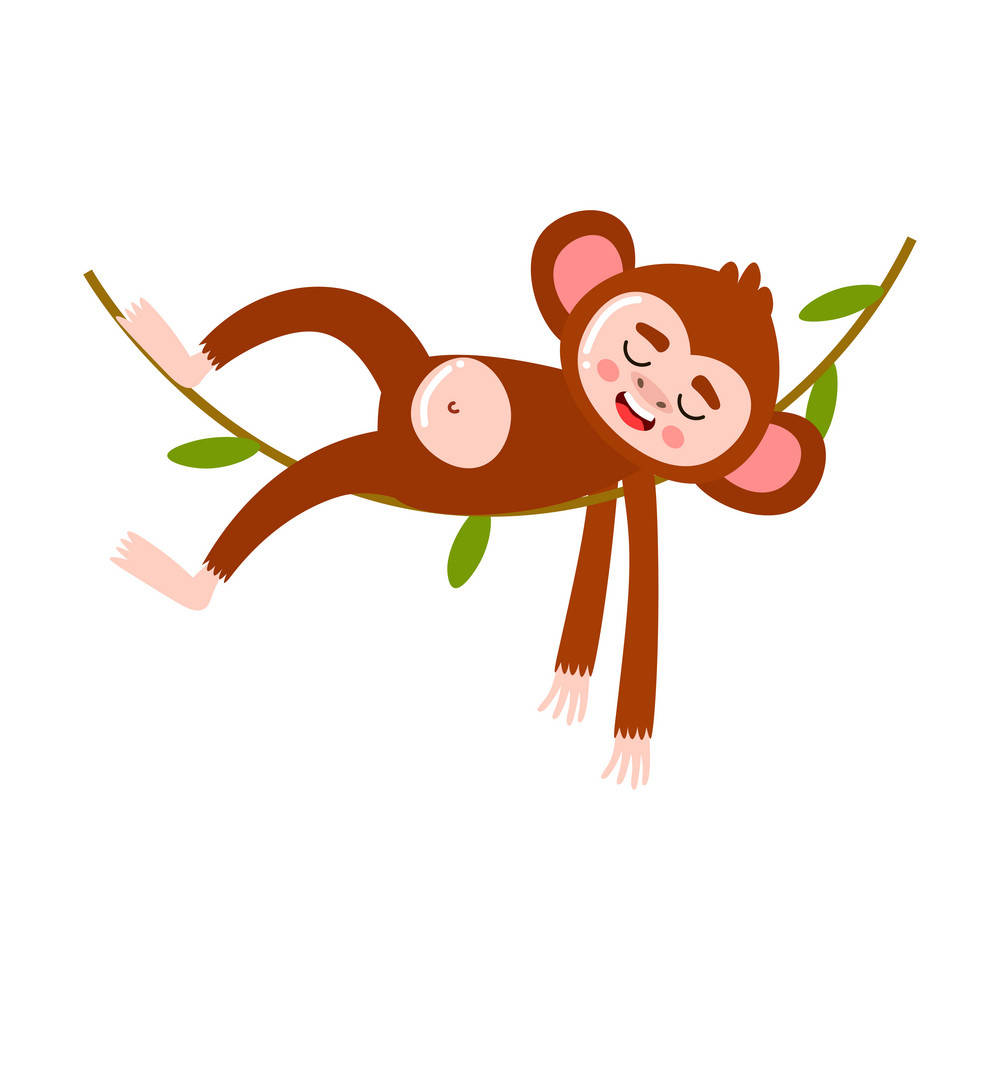 Baby Monkey 桌布 壁紙 — 一隻開心的卡通猴子閉著眼睛微笑，放鬆地掛在綠色樹枝上。