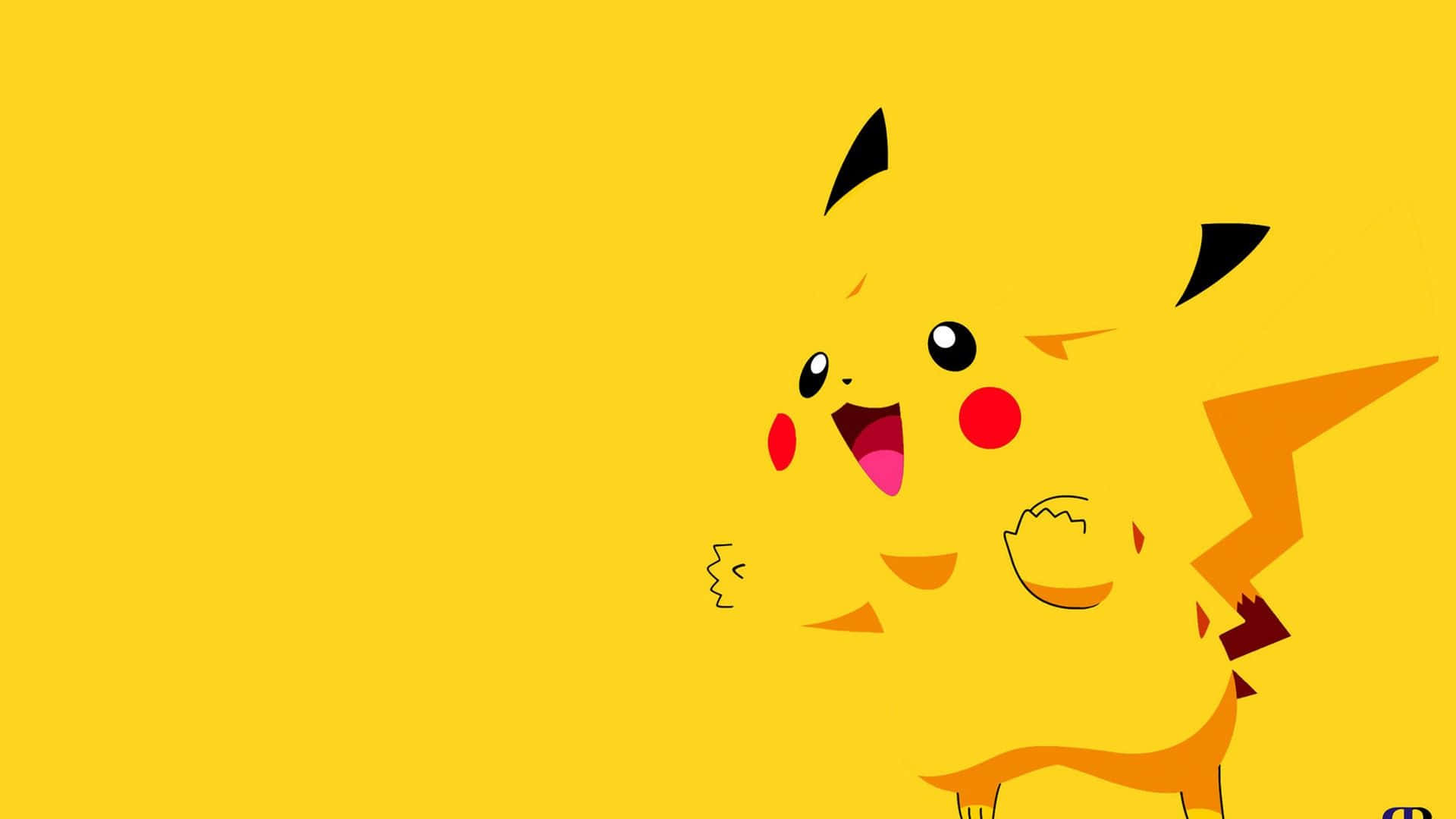 Cute Yellow Desktop 桌布 壁紙 — 一隻開心的卡通皮卡丘，紅色臉頰和閃電尾巴，在純黃色背景上微笑。