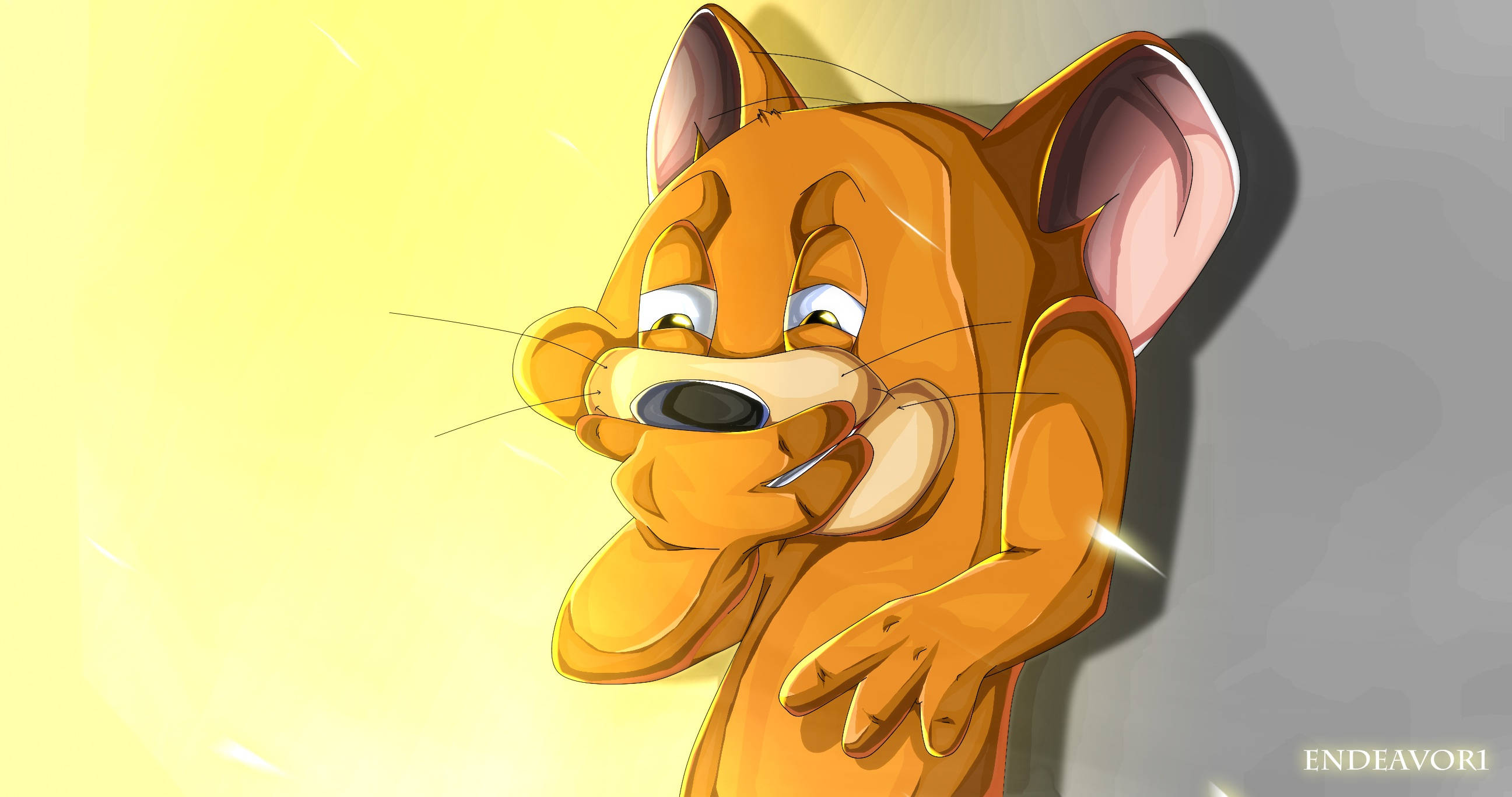 tom and jerry iPhone 桌布 壁紙 — 一隻開心的卡通老鼠，有大耳朵和寬闊的笑容，站在明亮的黃色和灰色背景前。