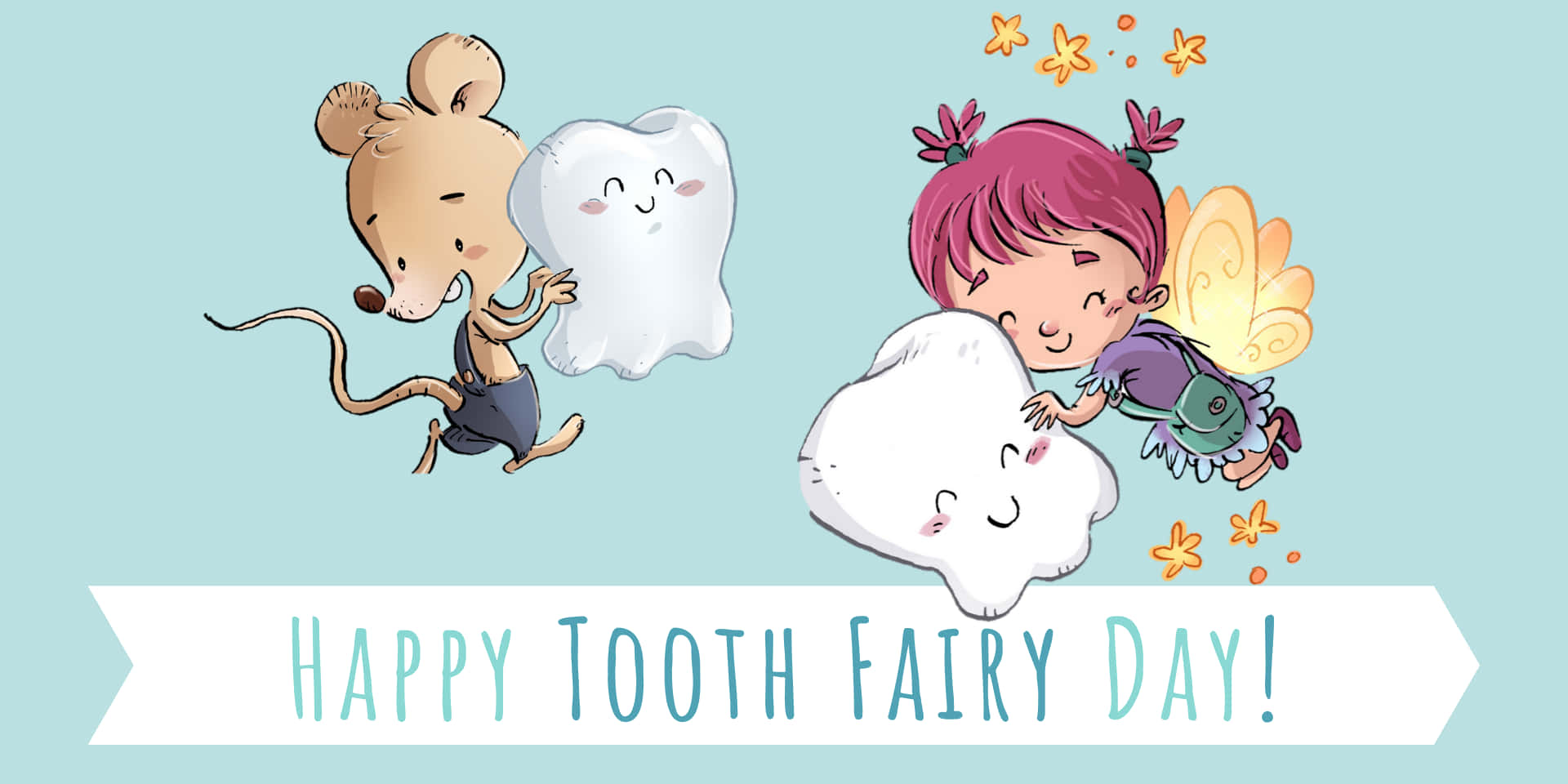 Tooth Fairy 桌布 壁紙 — 一隻開心的卡通老鼠和仙子擁抱微笑的牙齒角色，背景是淺藍色，帶有「Happy Tooth Fairy Day!」橫幅。