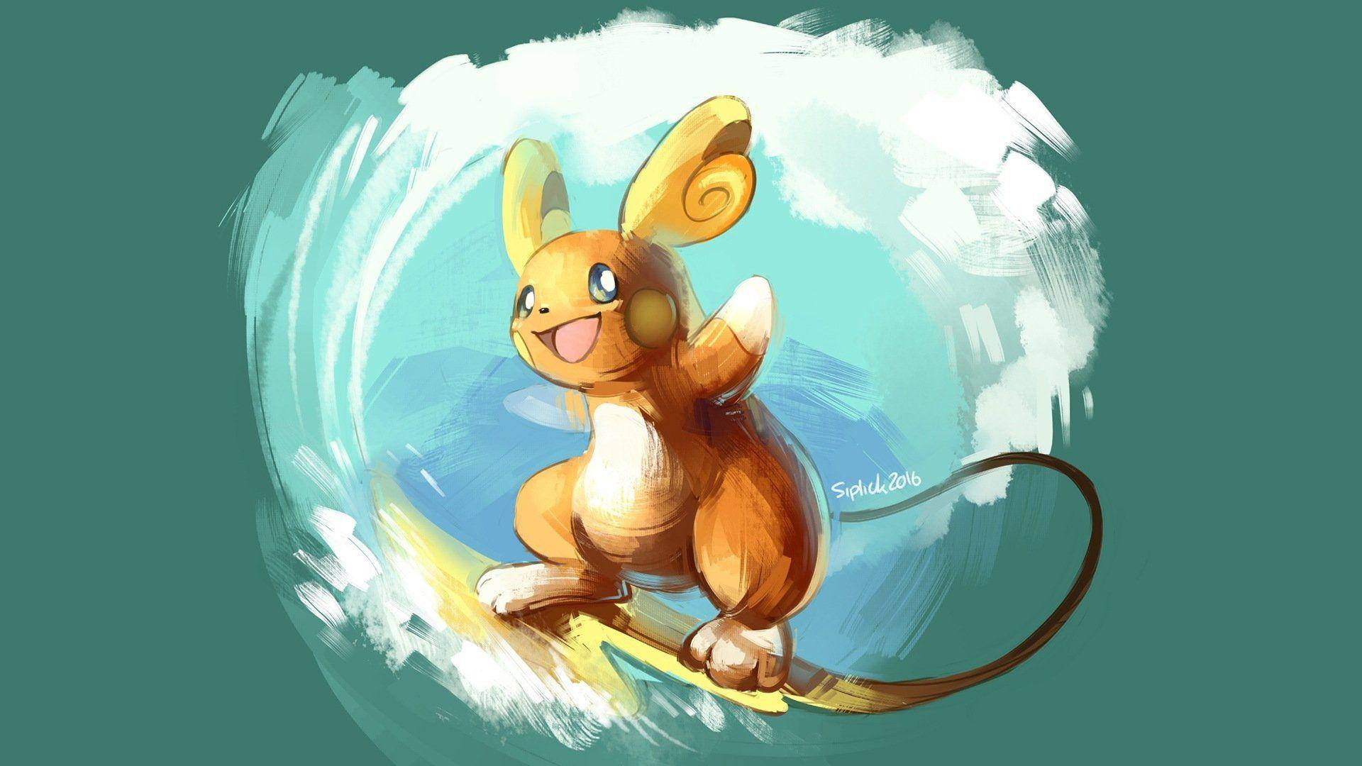 Raichu 桌布 壁紙 — 一隻開心的卡通老鼠寶可夢在青綠色背景上，騎著衝浪板穿過旋轉的藍色波浪。