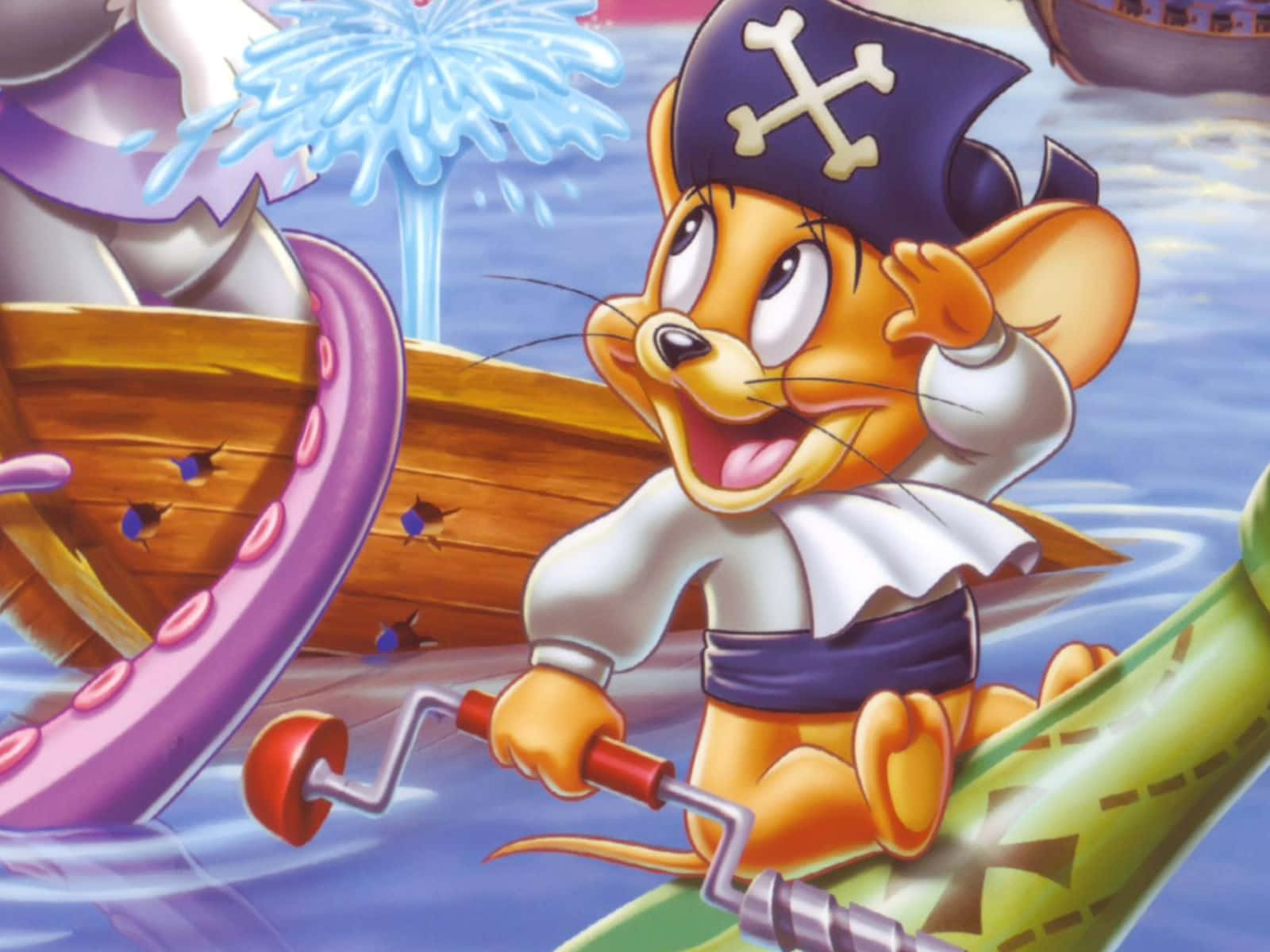 All Cartoon Characters 桌布 壁紙 — 一隻開心的卡通老鼠海盜在駕駛船隻穿過充滿活力的藍色水域時敬禮，附近有一隻巨型章魚。