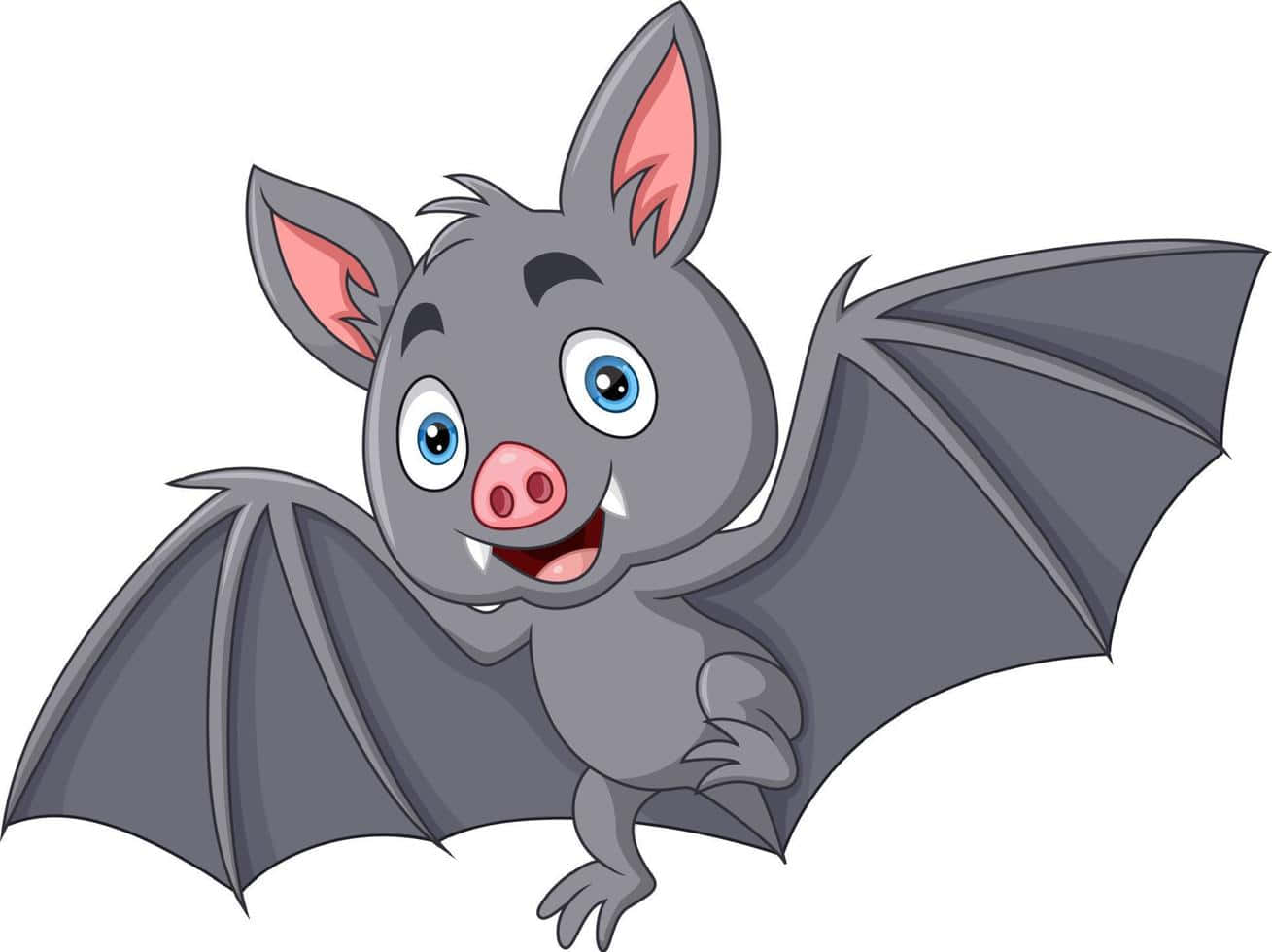 Bats 桌布 壁紙 — 一隻開心的卡通蝙蝠，有大藍眼睛和展開的翅膀，在白色背景上微笑。