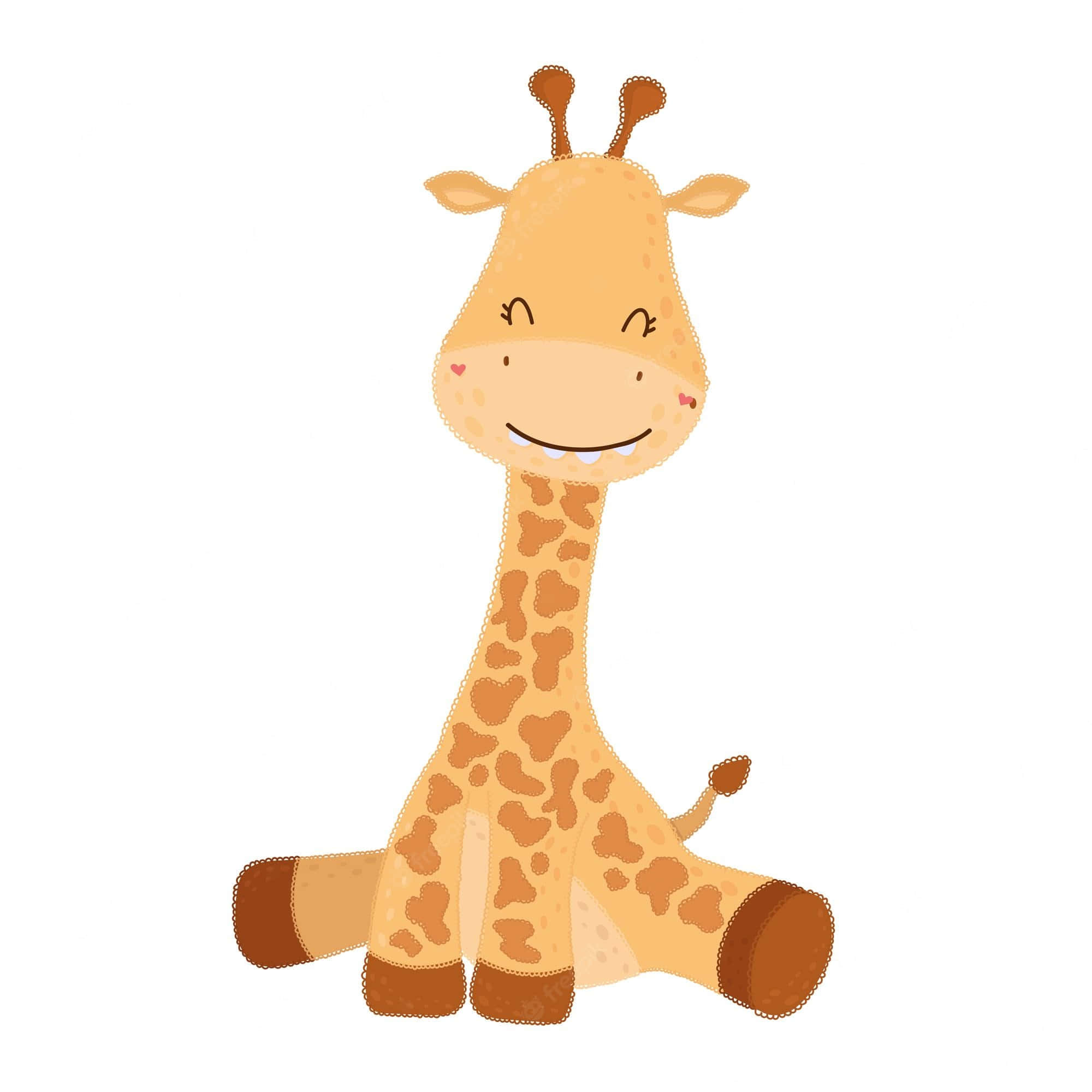Cute Animals Cartoon 桌布 壁紙 — 一隻開心的卡通長頸鹿，身上有心形斑點，在純白色背景前面微笑坐著。