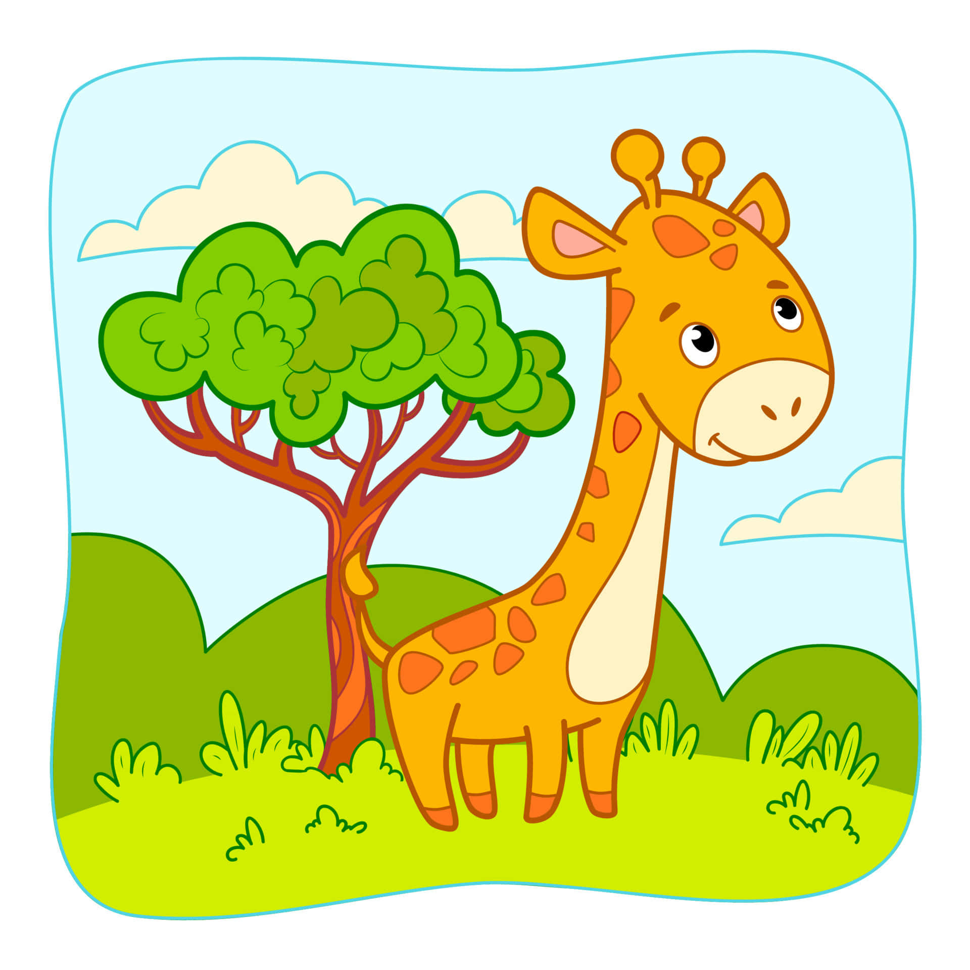 Kawaii Giraffe 桌布 壁紙 — 一隻開心的卡通長頸鹿站在茂密的綠樹旁，背景是晴朗的藍天和蓬鬆的白雲。