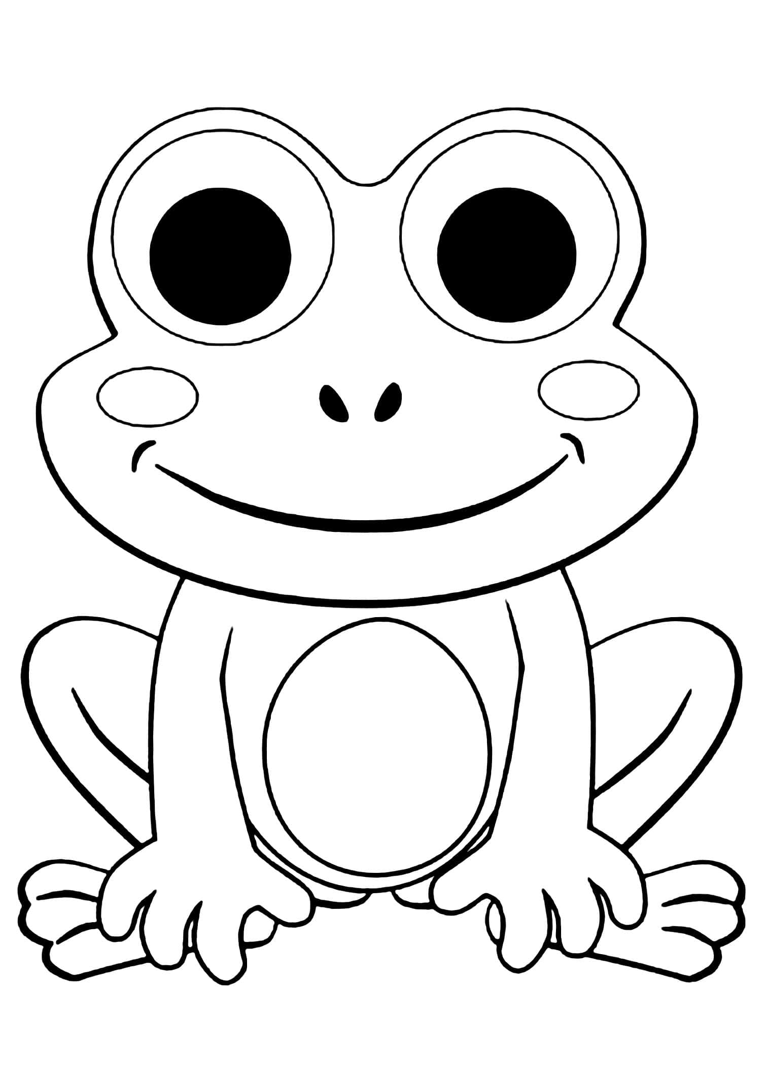 coloring 桌布 壁紙 — 一隻開心的卡通青蛙，有大圓眼和寬闊的笑容，面向前面坐在簡單的黑白線條畫中。