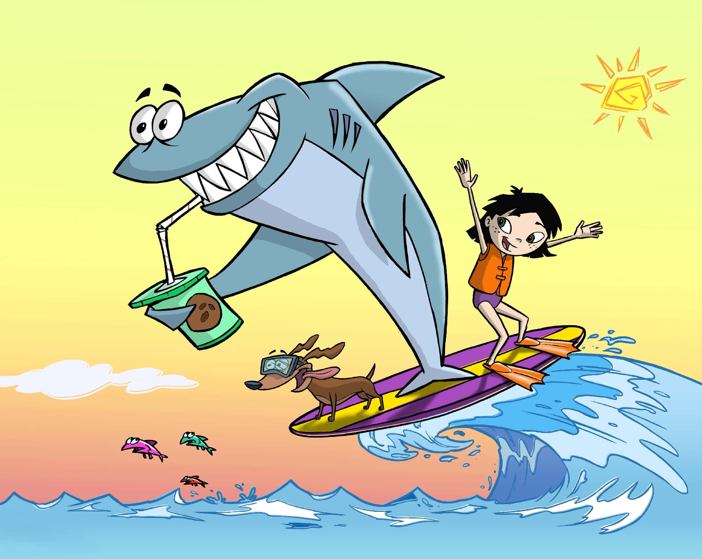 Cartoon Animal 桌布 壁紙 — 一隻開心的卡通鯊魚和一個女孩一起在波浪上衝浪，還有一隻戴著護目鏡的狗和天空中的太陽。
