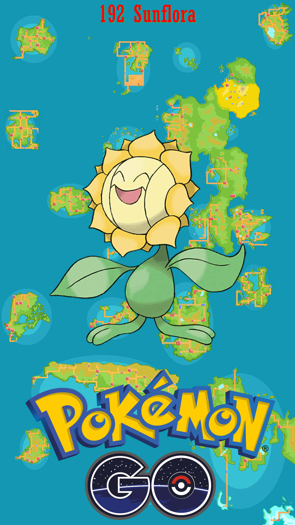 寶可夢 桌布 壁紙 — 一隻開心的向日花怪寶可夢在帶有模糊地圖碎片和 Pokémon GO 標誌的藍綠色背景上燦爛微笑。