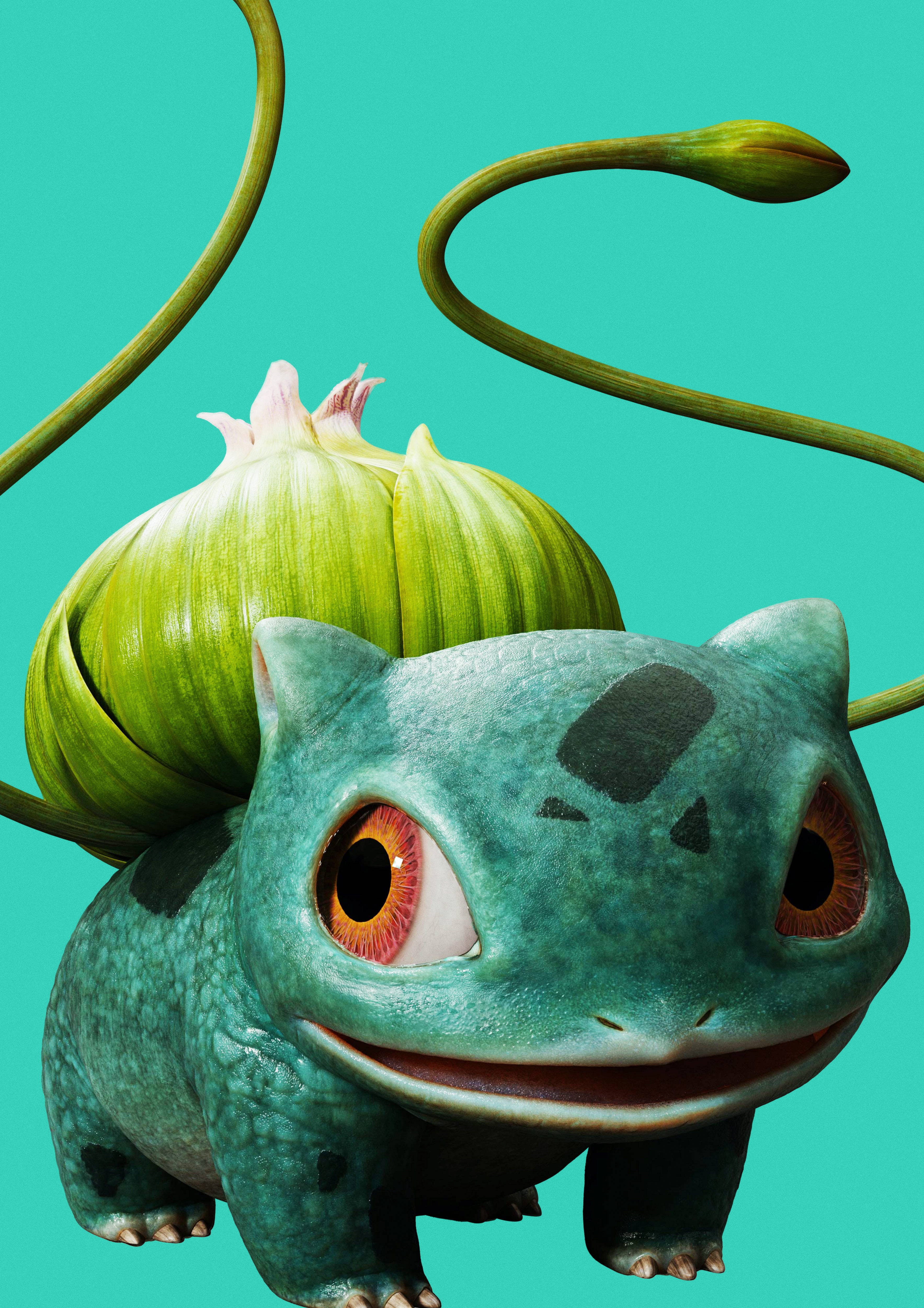 Pokémon 手機 桌布 壁紙 — 一隻開心的妙蛙種子，背上有一個充滿活力的綠色球莖，站在純青色背景前。
