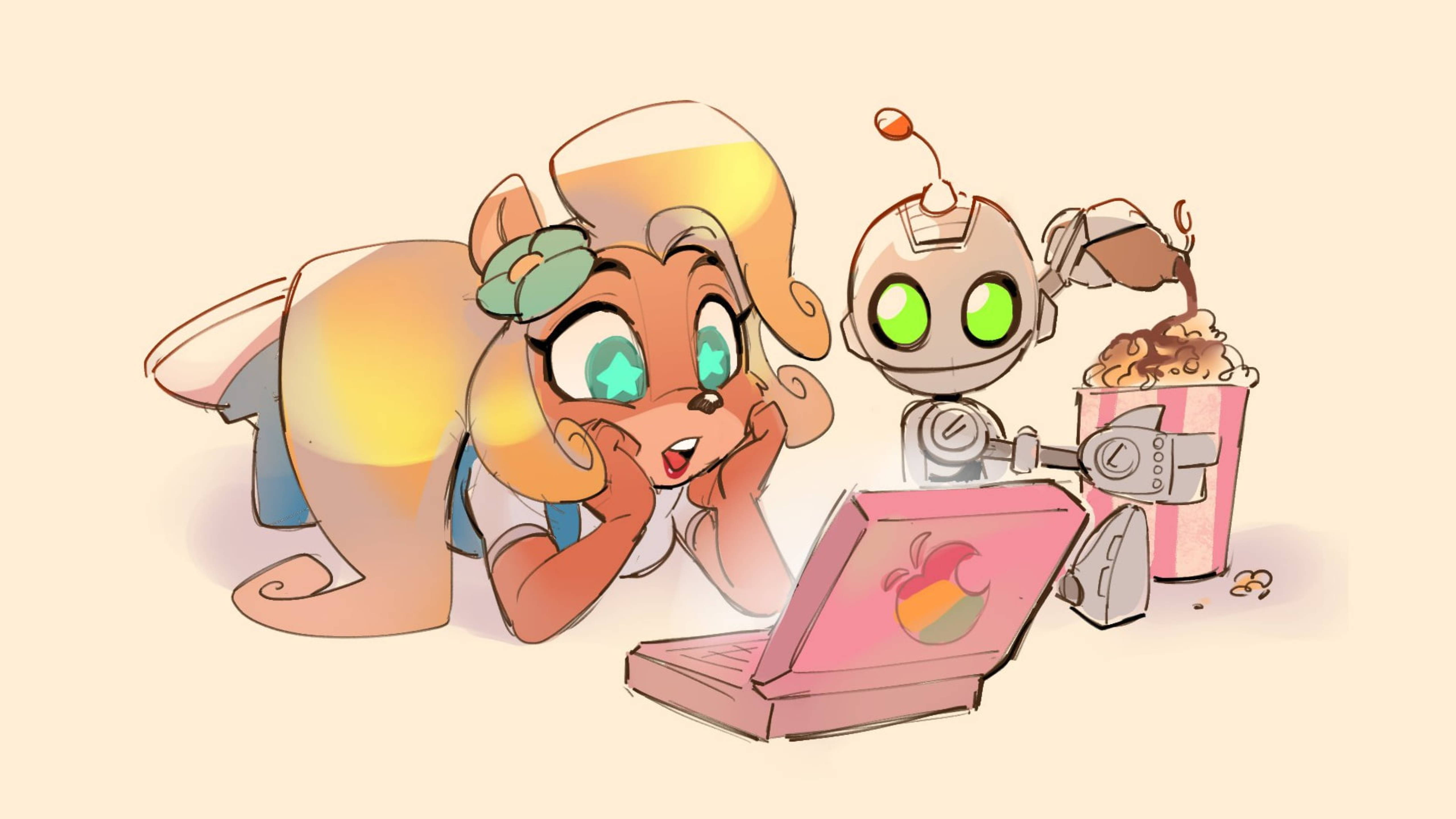 ratchet 桌布 壁紙 — 一隻開心的擬人化狐狸和機器人朋友一起享受爆米花，同時看著筆記型電腦。