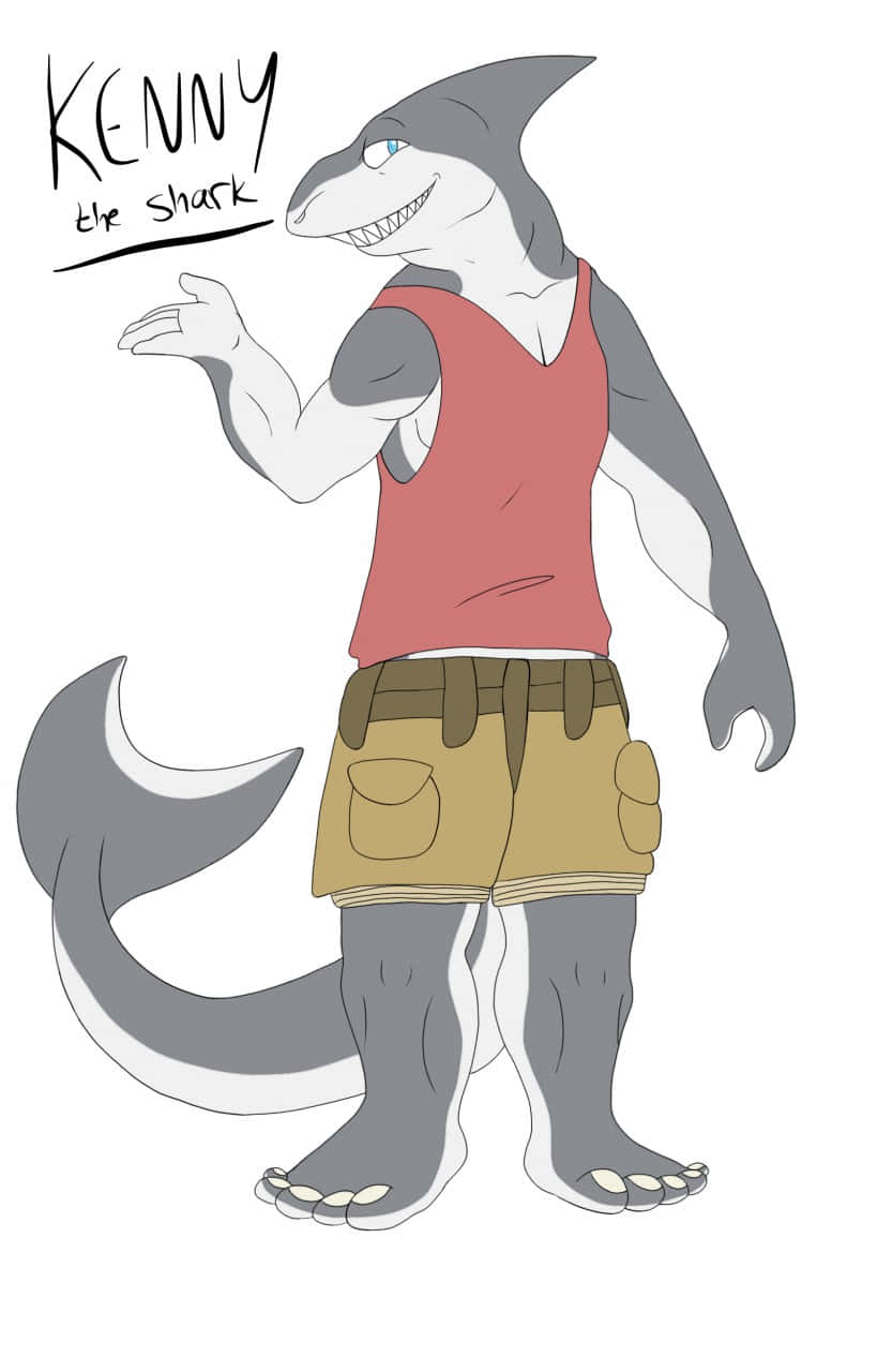 名為Kenny的擬人化鯊魚角色，穿著紅色背心和卡其色短褲揮手。 — 卡通 iPhone 壁紙 壁紙