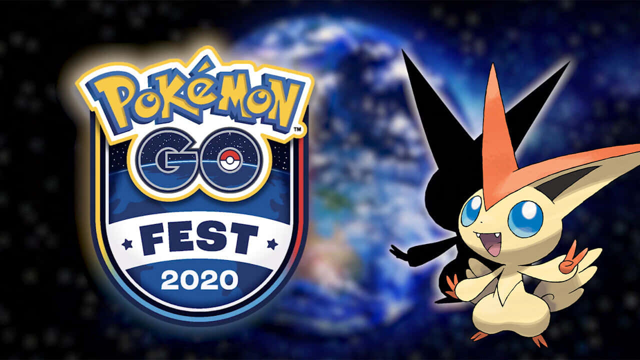 藝術 桌布 壁紙 — 一隻開心的月亮伊布站在Pokémon GO Fest 2020標誌旁邊，背景是宇宙和發光的地球。