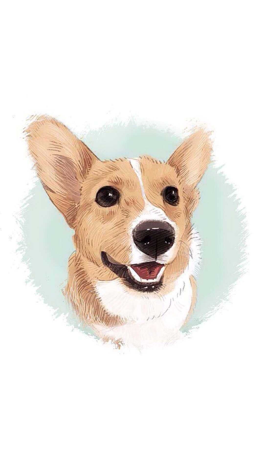 柯基 桌布 壁紙 — 一隻開心的柯基犬，豎起耳朵，露出快樂的笑容，襯托著柔和的薄荷綠色水彩潑濺背景。