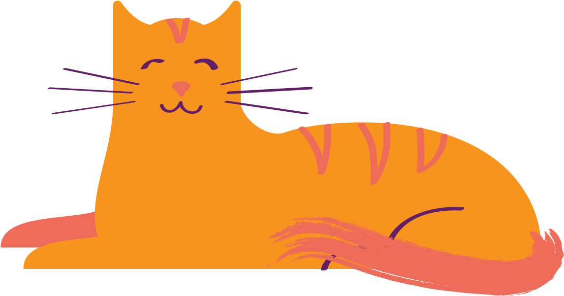 Cat Drawing 桌布 壁紙 — 一隻開心的橙色卡通貓咪，有紫色鬍鬚和條紋，在黑色背景上悠閒地躺著。